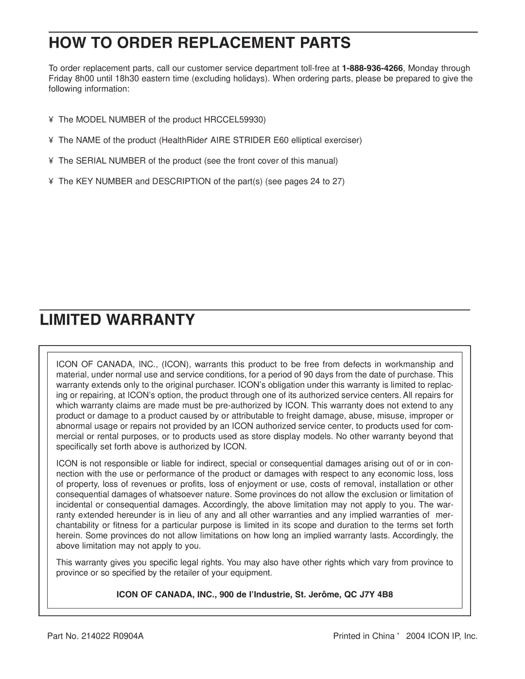 Healthrider HRCCEL59930 manual HOW to Order Replacement Parts, Limited Warranty 