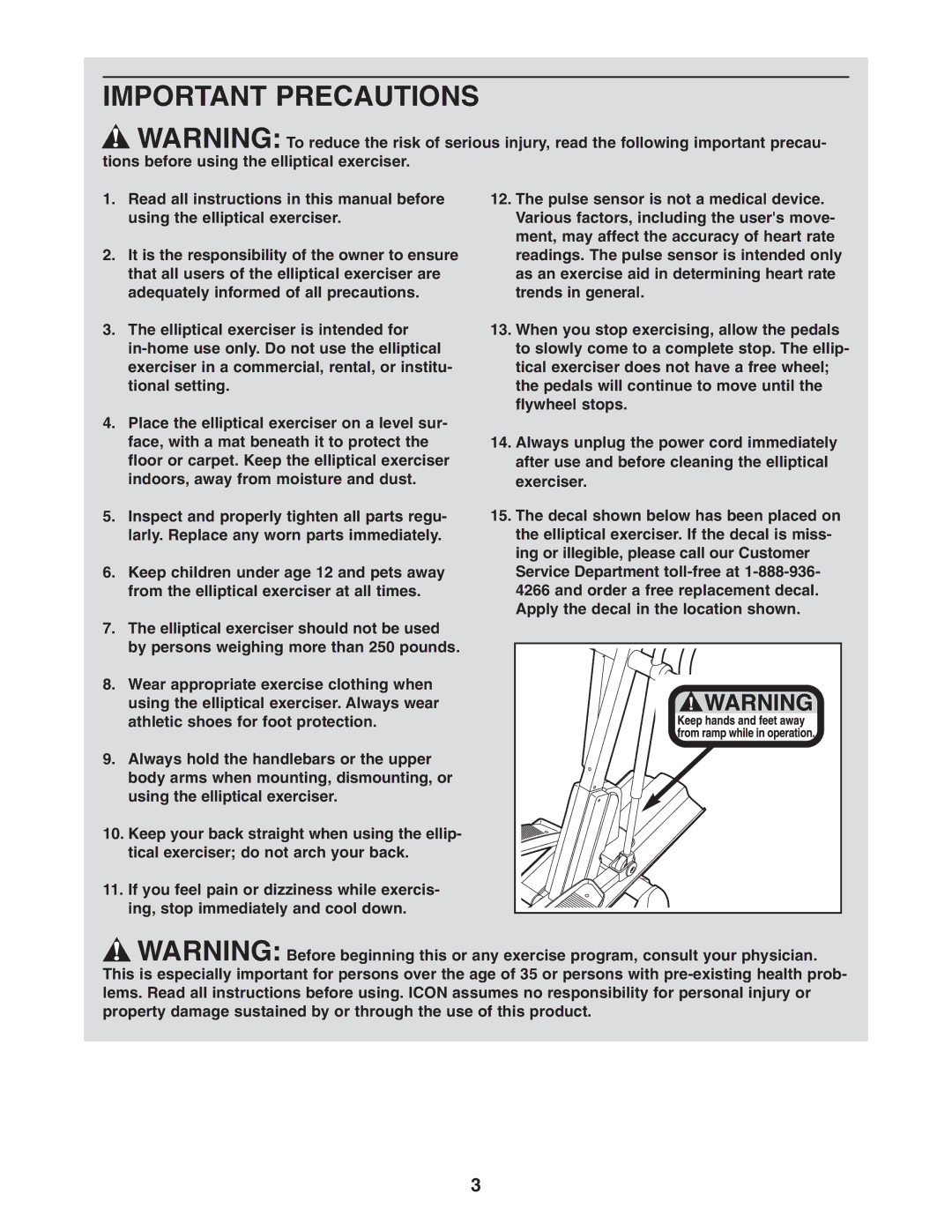 Healthrider HRCCEL59930 manual Important Precautions 