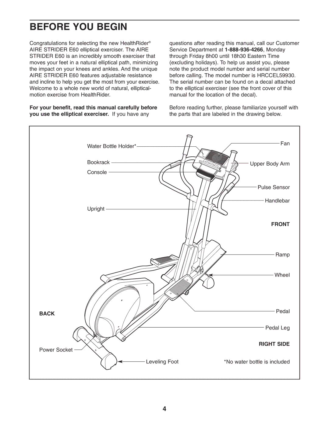 Healthrider HRCCEL59930 manual Before YOU Begin, Front, Back, Right Side 