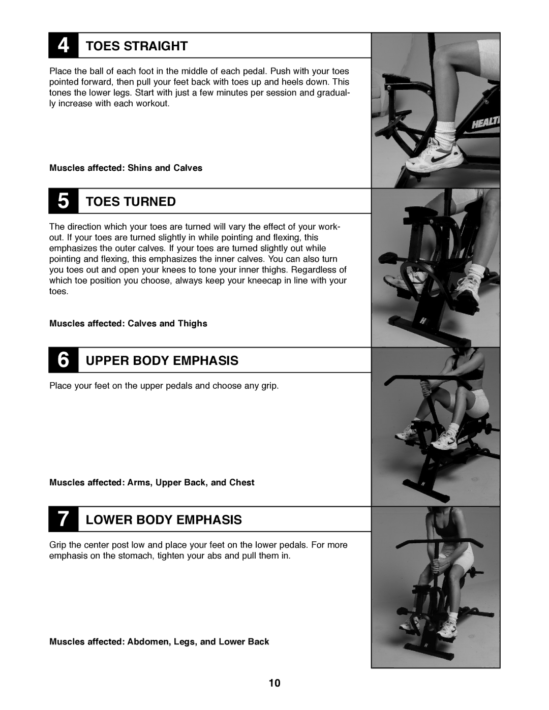 Healthrider HRCR28720 manual Muscles affected Shins and Calves, Muscles affected Calves and Thighs 