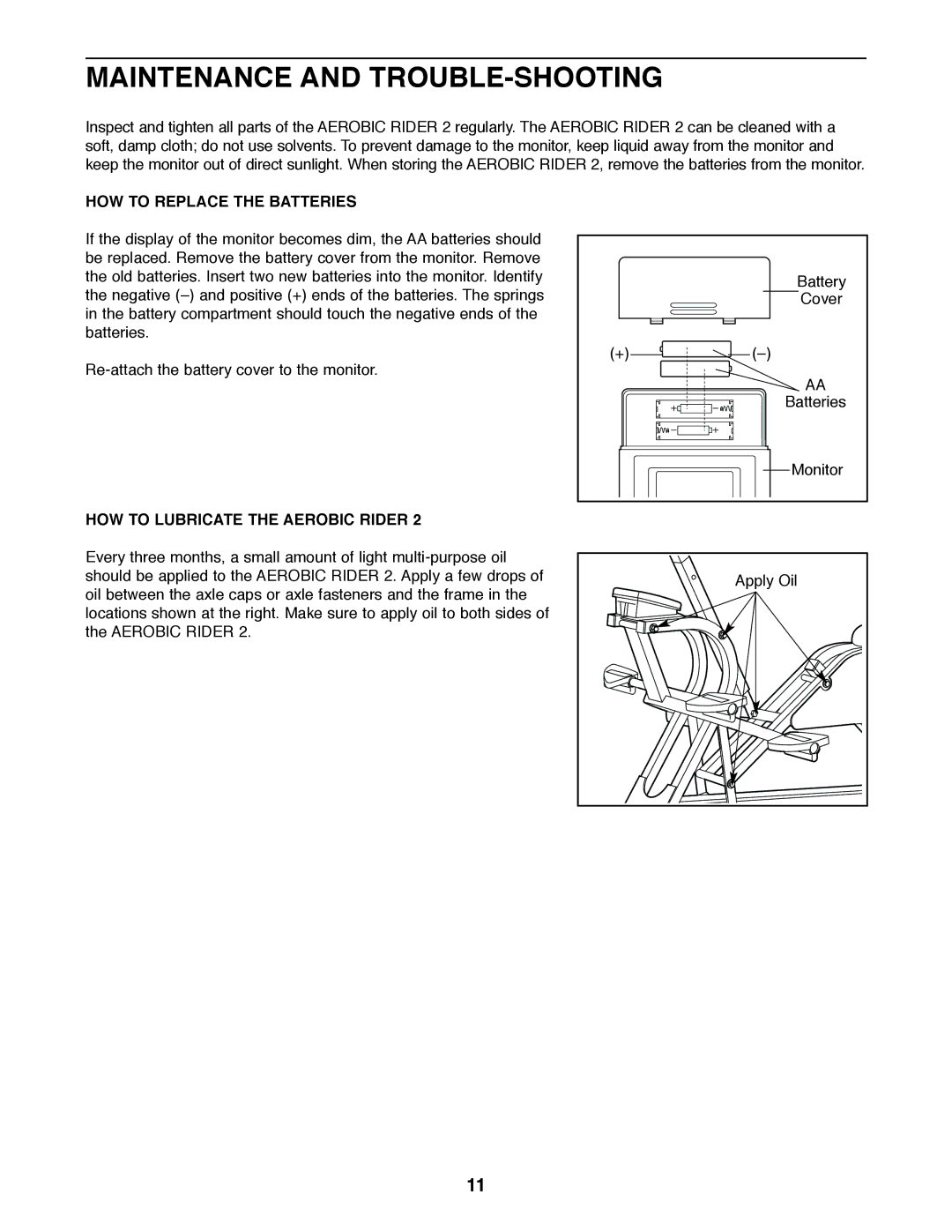 Healthrider HRCR28720 Maintenance and TROUBLE-SHOOTING, HOW to Replace the Batteries, HOW to Lubricate the Aerobic Rider 