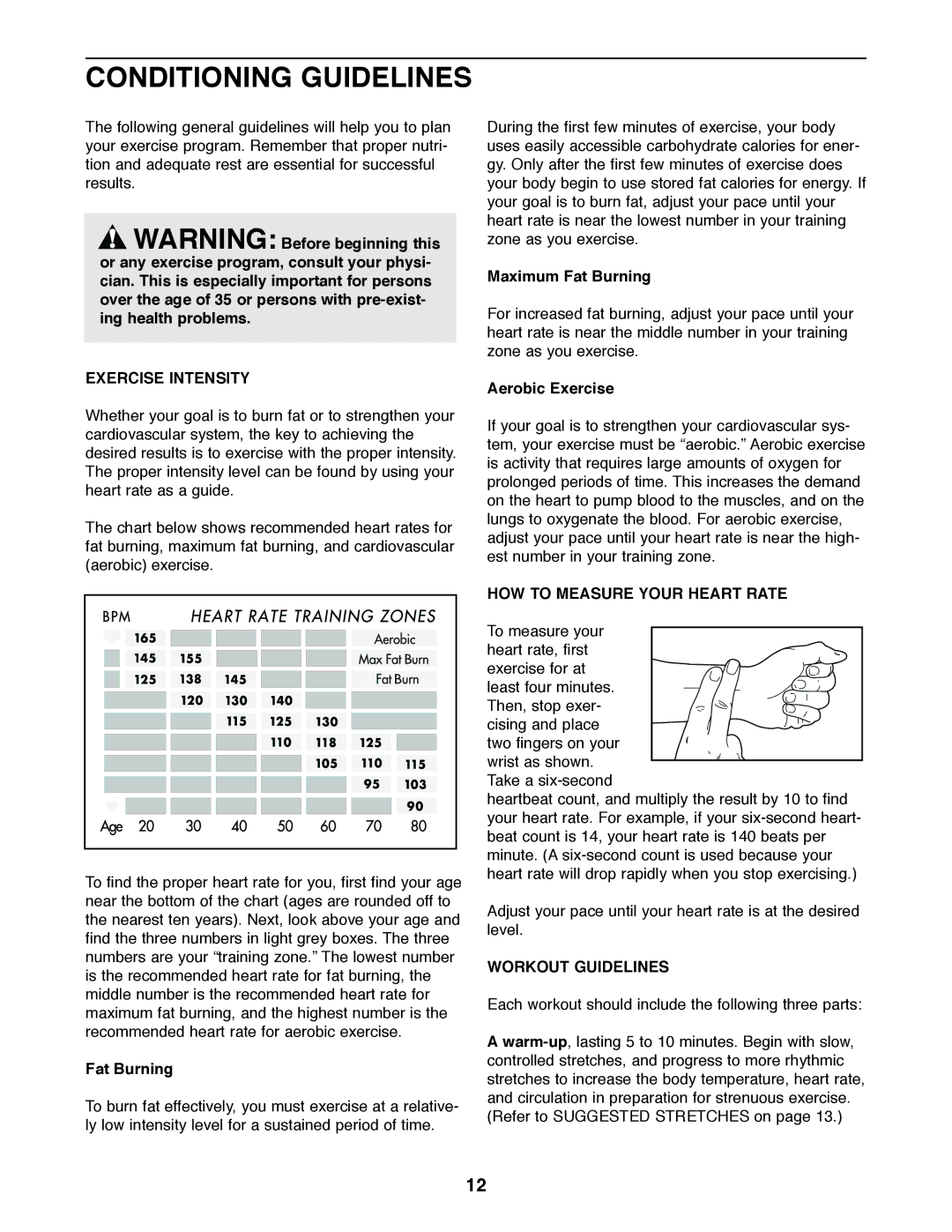 Healthrider HRCR28720 Conditioning Guidelines, Exercise Intensity, HOW to Measure Your Heart Rate, Workout Guidelines 