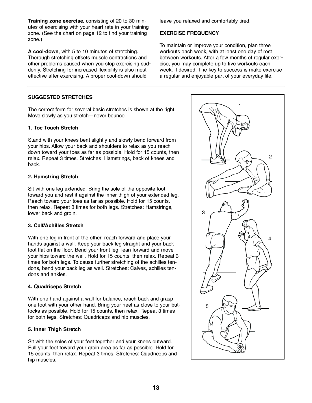 Healthrider HRCR28720 manual Exercise Frequency, Suggested Stretches 