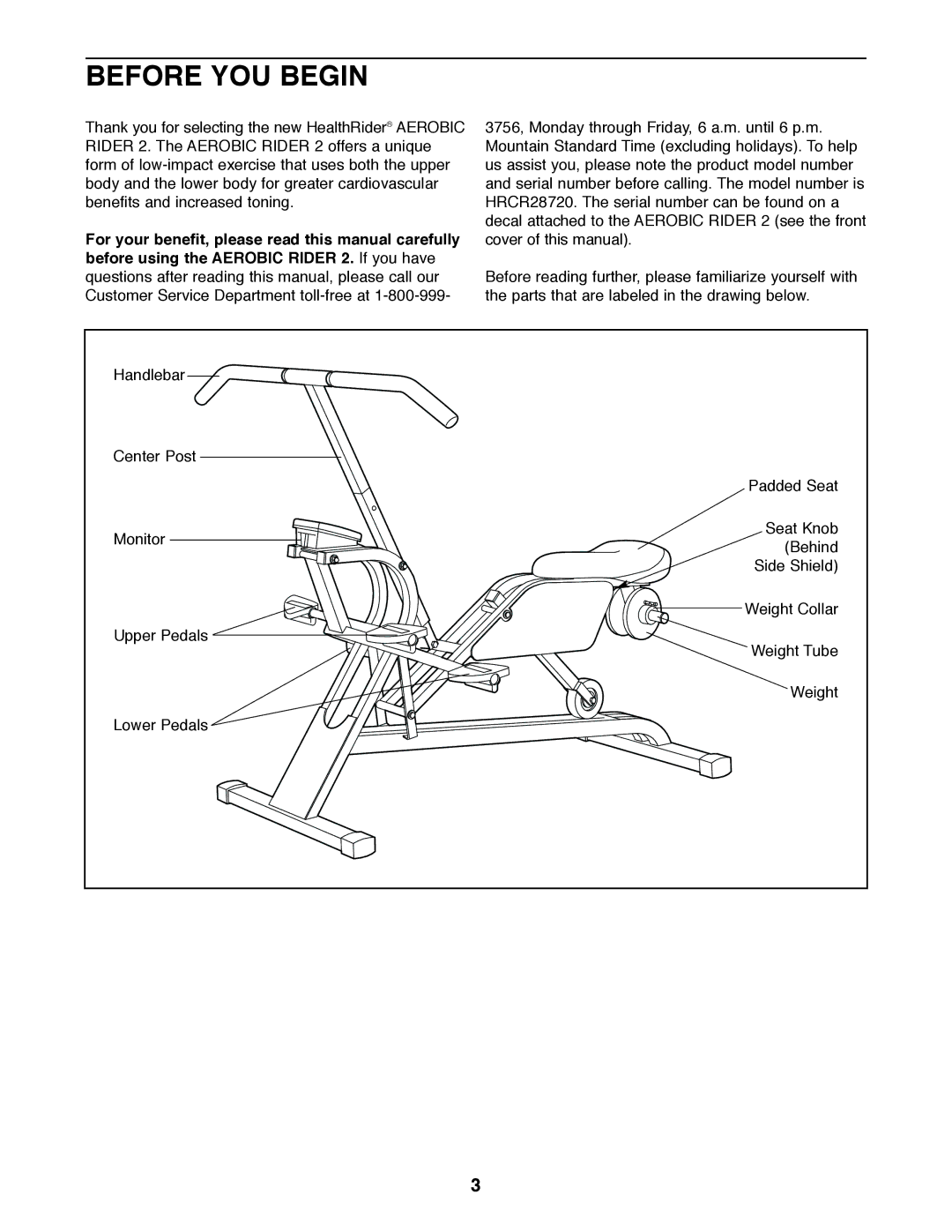 Healthrider HRCR28720 manual Before YOU Begin 