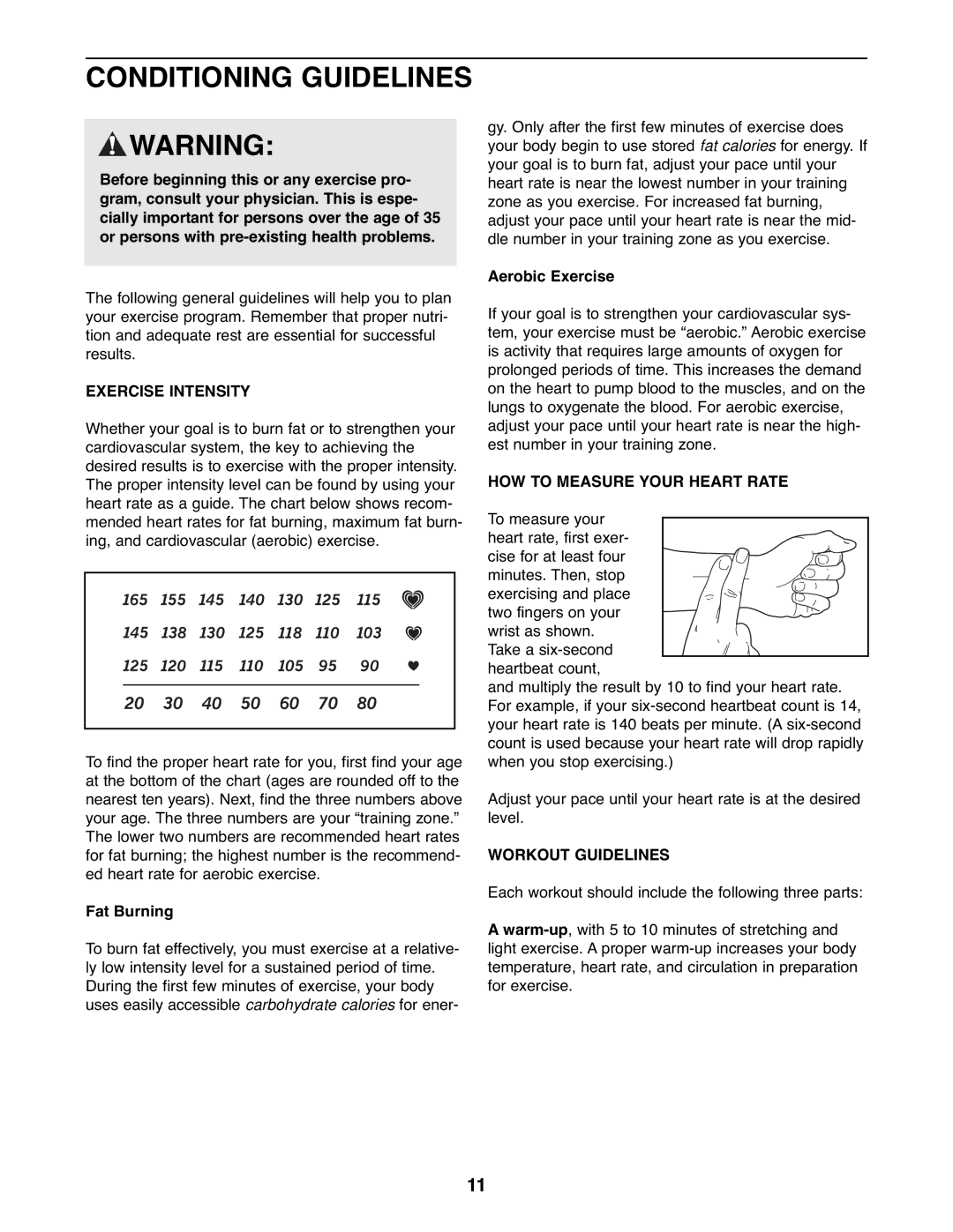 Healthrider HRCR4896.0 Conditioning Guidelines, Exercise Intensity, HOW to Measure Your Heart Rate, Workout Guidelines 