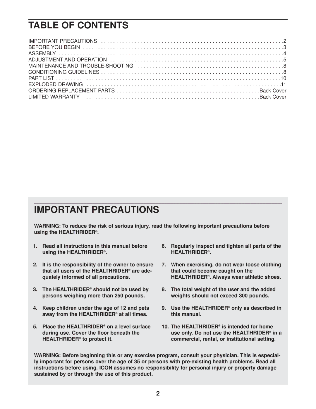 Healthrider HRCR91080 manual Table of Contents, Important Precautions 