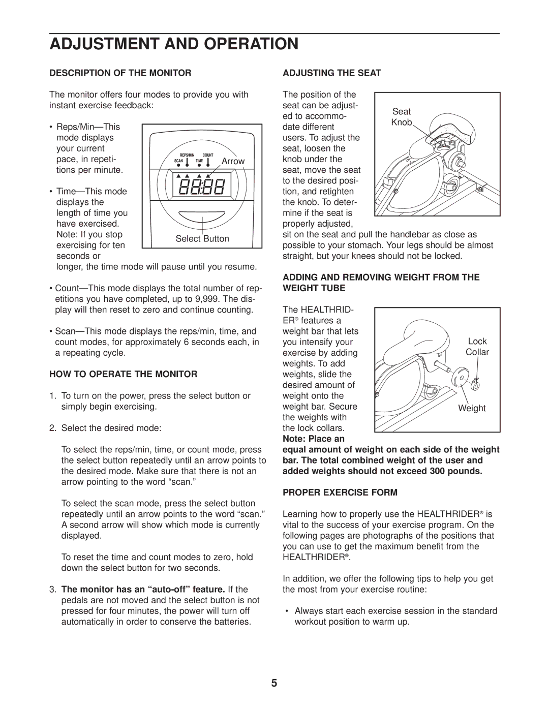 Healthrider HRCR91080 manual Adjustment and Operation 