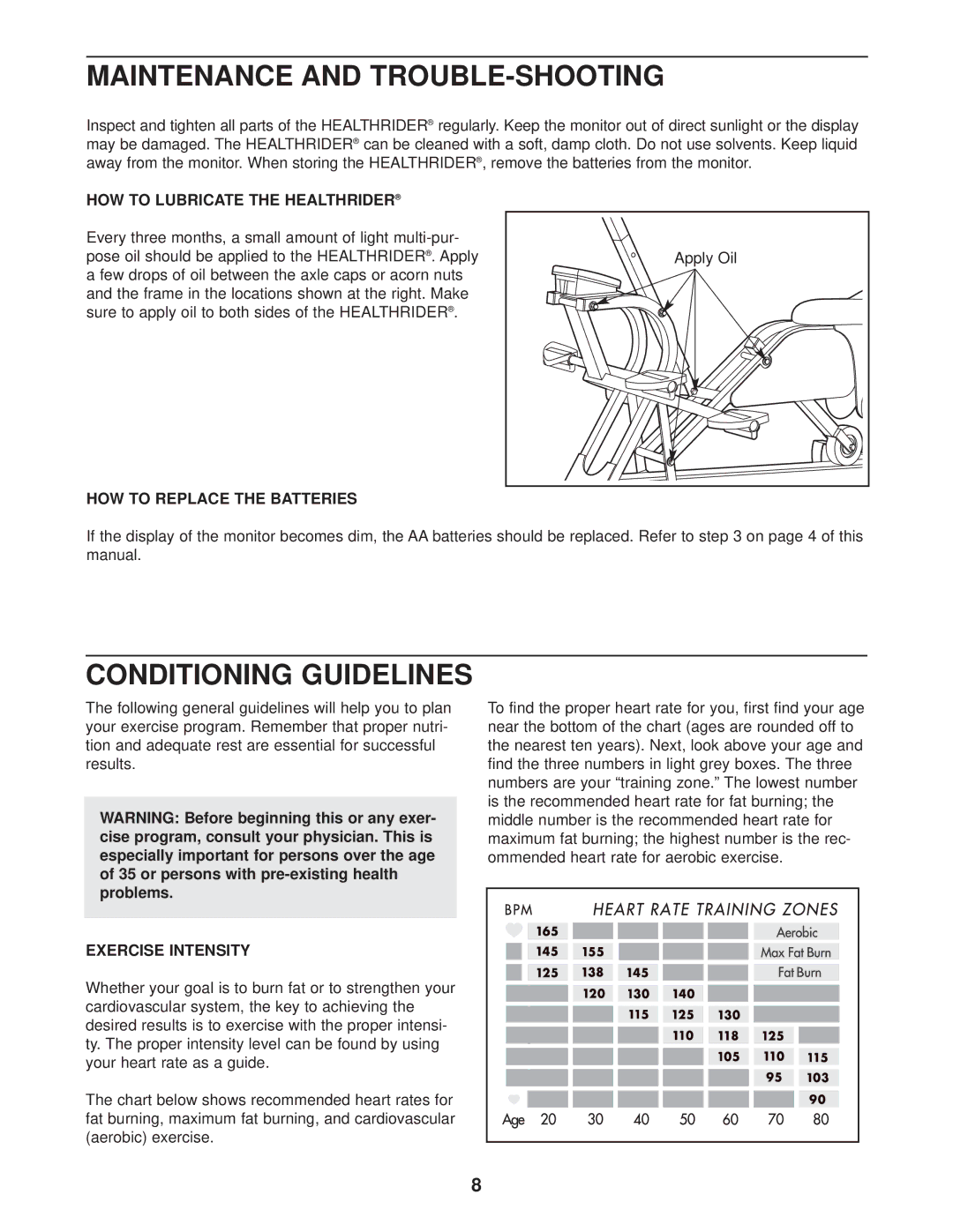 Healthrider HRCR91080 manual Maintenance and TROUBLE-SHOOTING, Conditioning Guidelines, HOW to Lubricate the Healthrider 