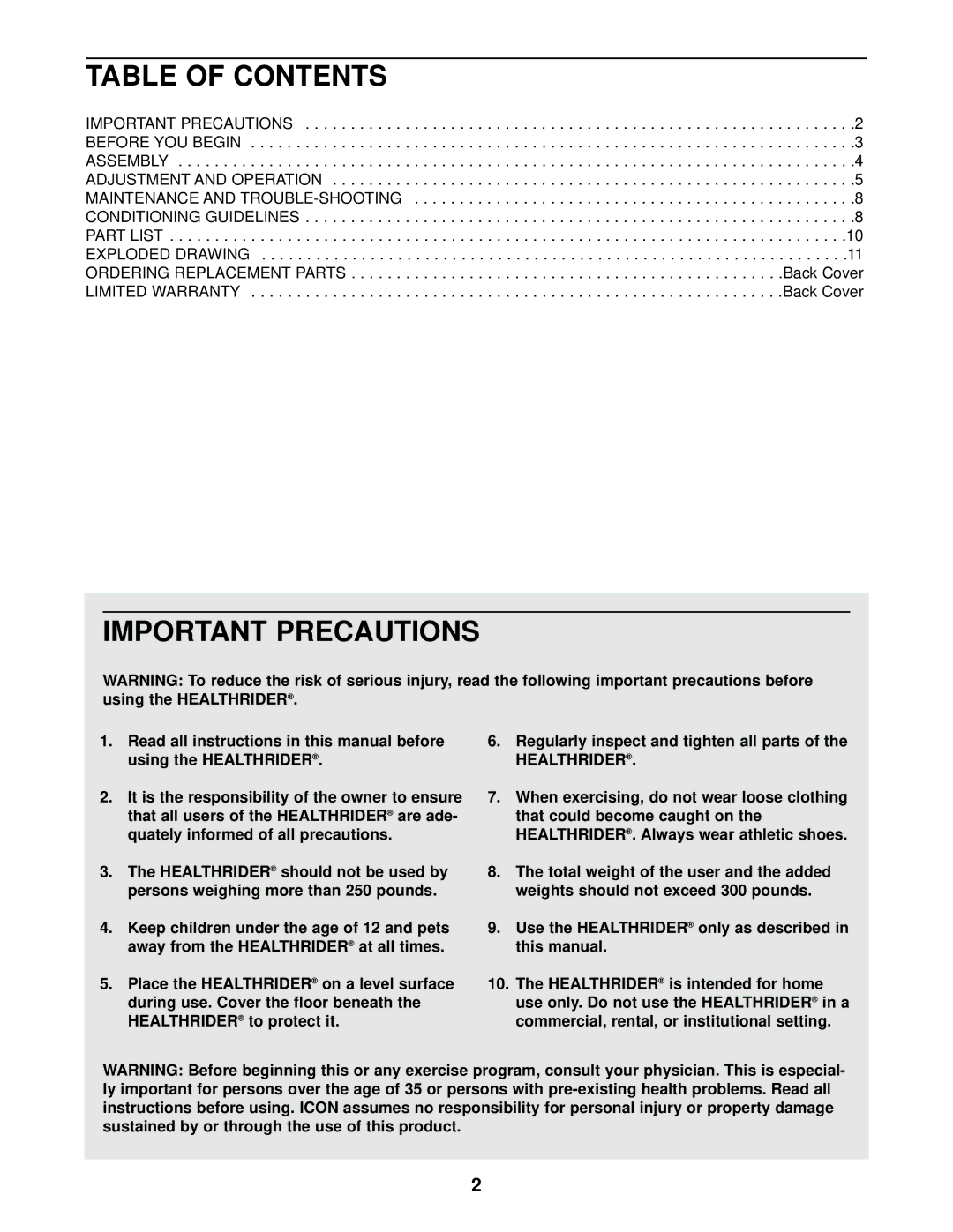 Healthrider HRCR91081 manual Table of Contents, Important Precautions 