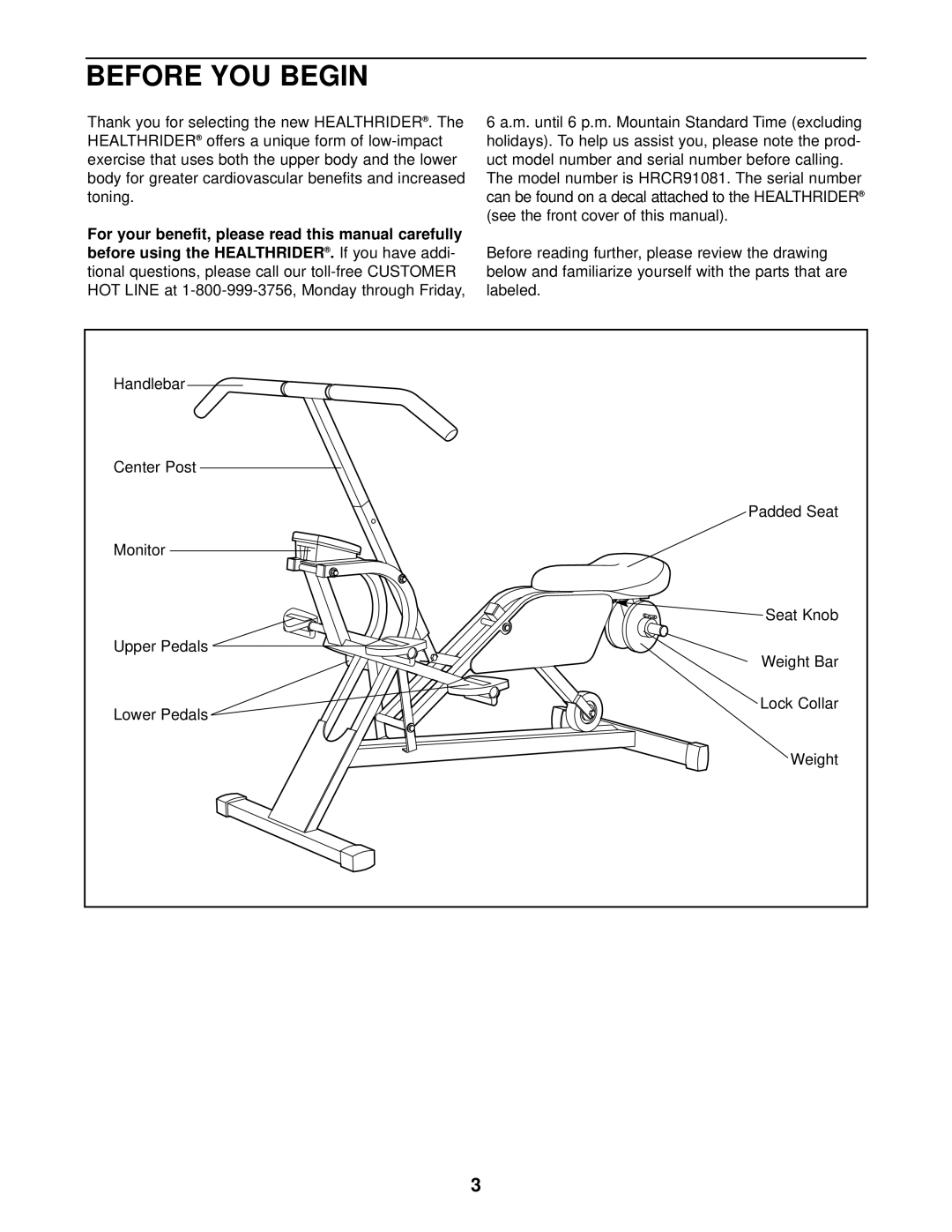 Healthrider HRCR91081 manual Before YOU Begin 