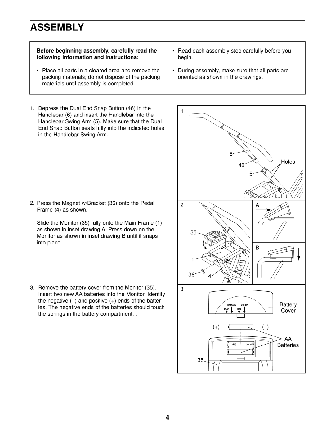 Healthrider HRCR91081 manual Assembly, Before beginning assembly, carefully read, Following information and instructions 