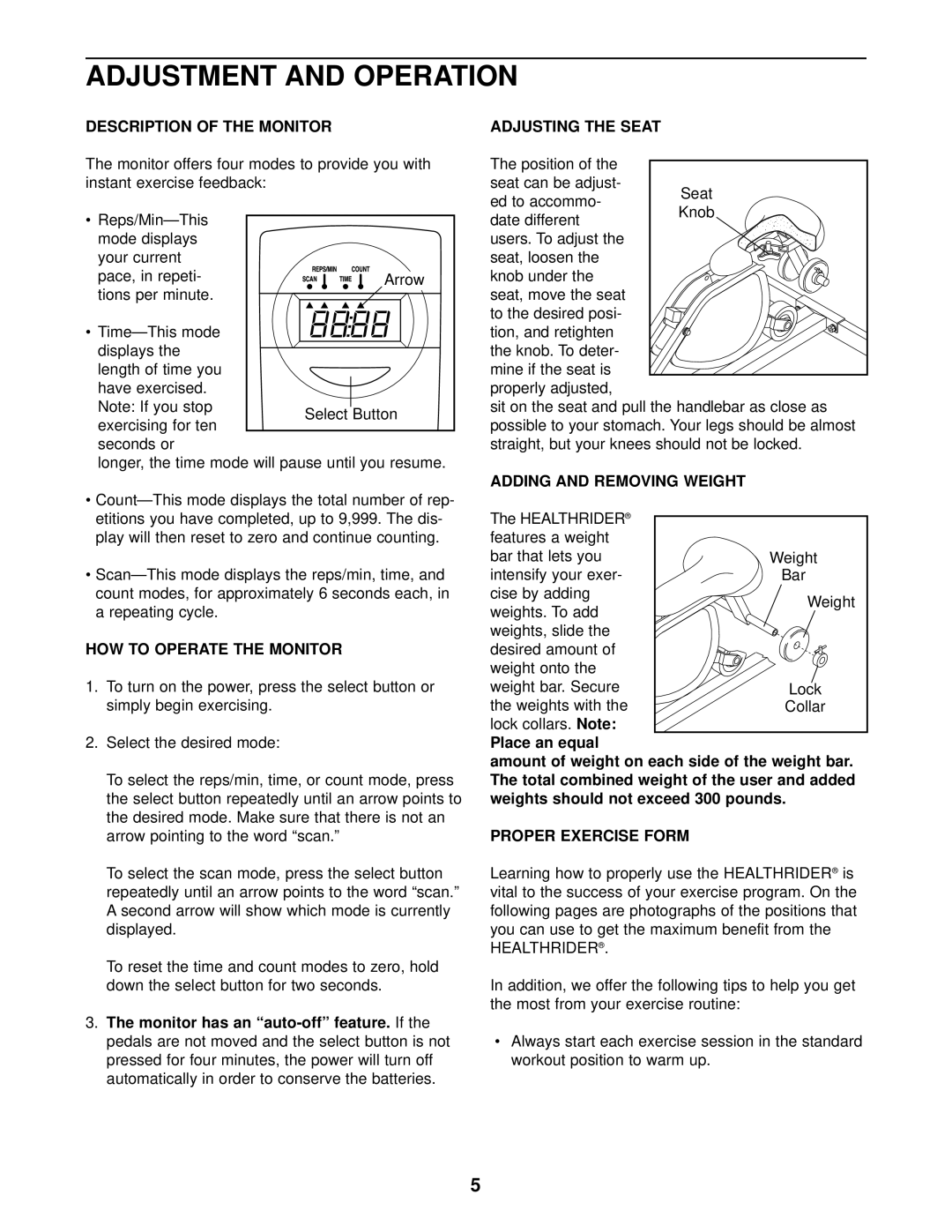 Healthrider HRCR91081 manual Description of the Monitor, HOW to Operate the Monitor, Monitor has an auto-off feature 