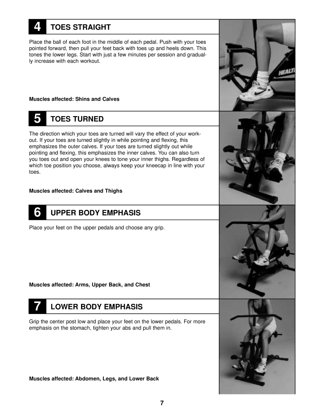 Healthrider HRCR91081 manual Muscles affected Shins and Calves, Muscles affected Calves and Thighs 