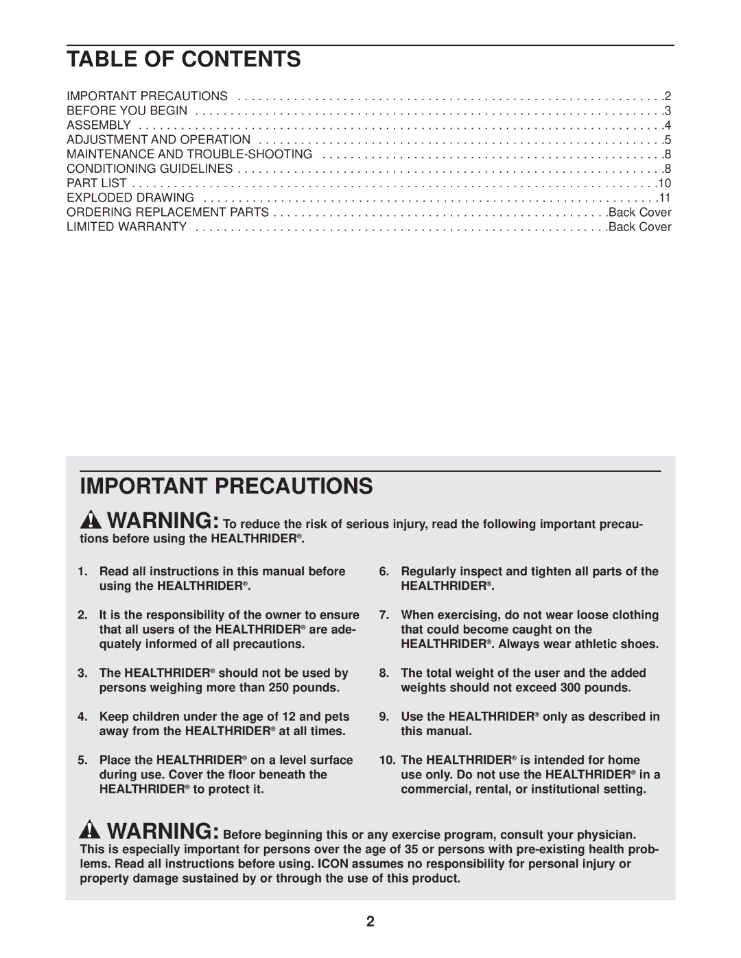 Healthrider HRCR91082 manual Table of Contents, Important Precautions 