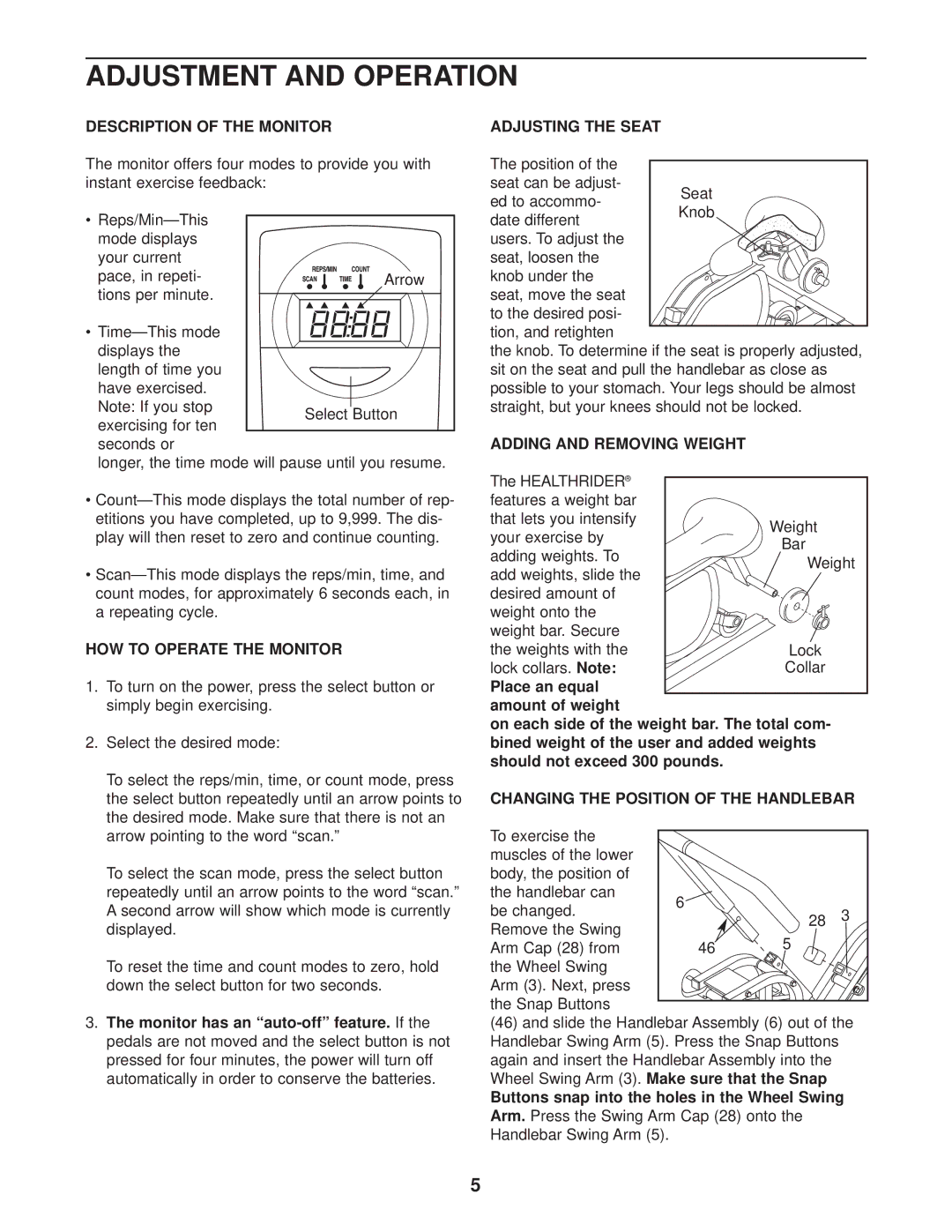 Healthrider HRCR91082 manual Adjustment and Operation 