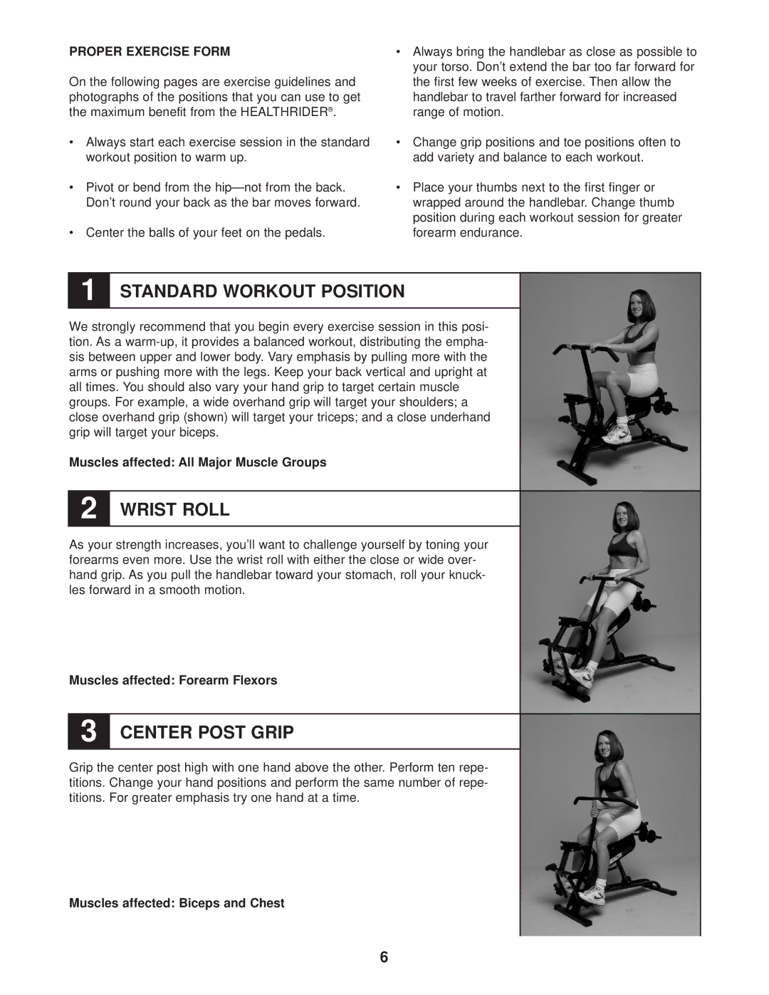 Healthrider HRCR91082 Proper Exercise Form, Muscles affected All Major Muscle Groups, Muscles affected Forearm Flexors 