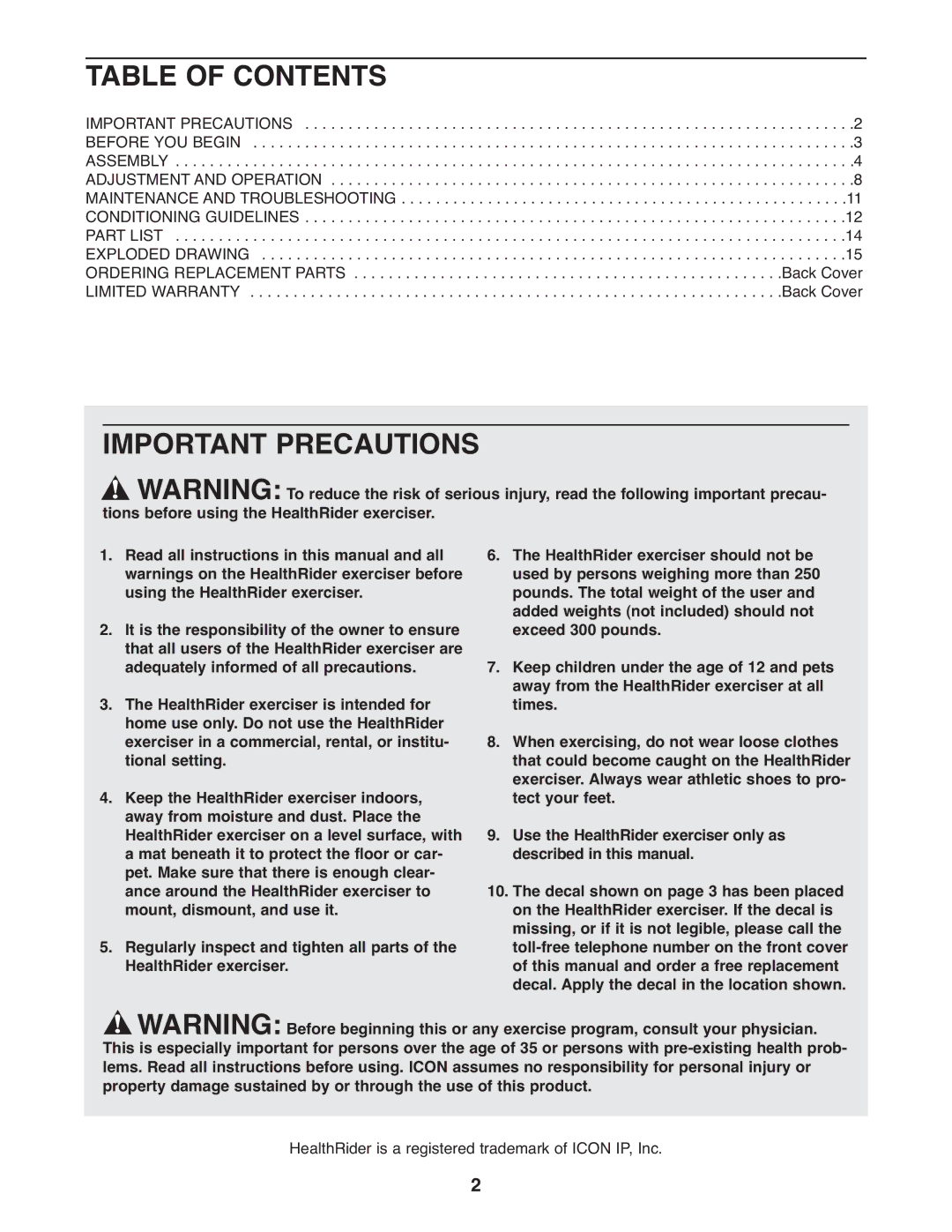 Healthrider HRCR9155.0 manual Table of Contents, Important Precautions 