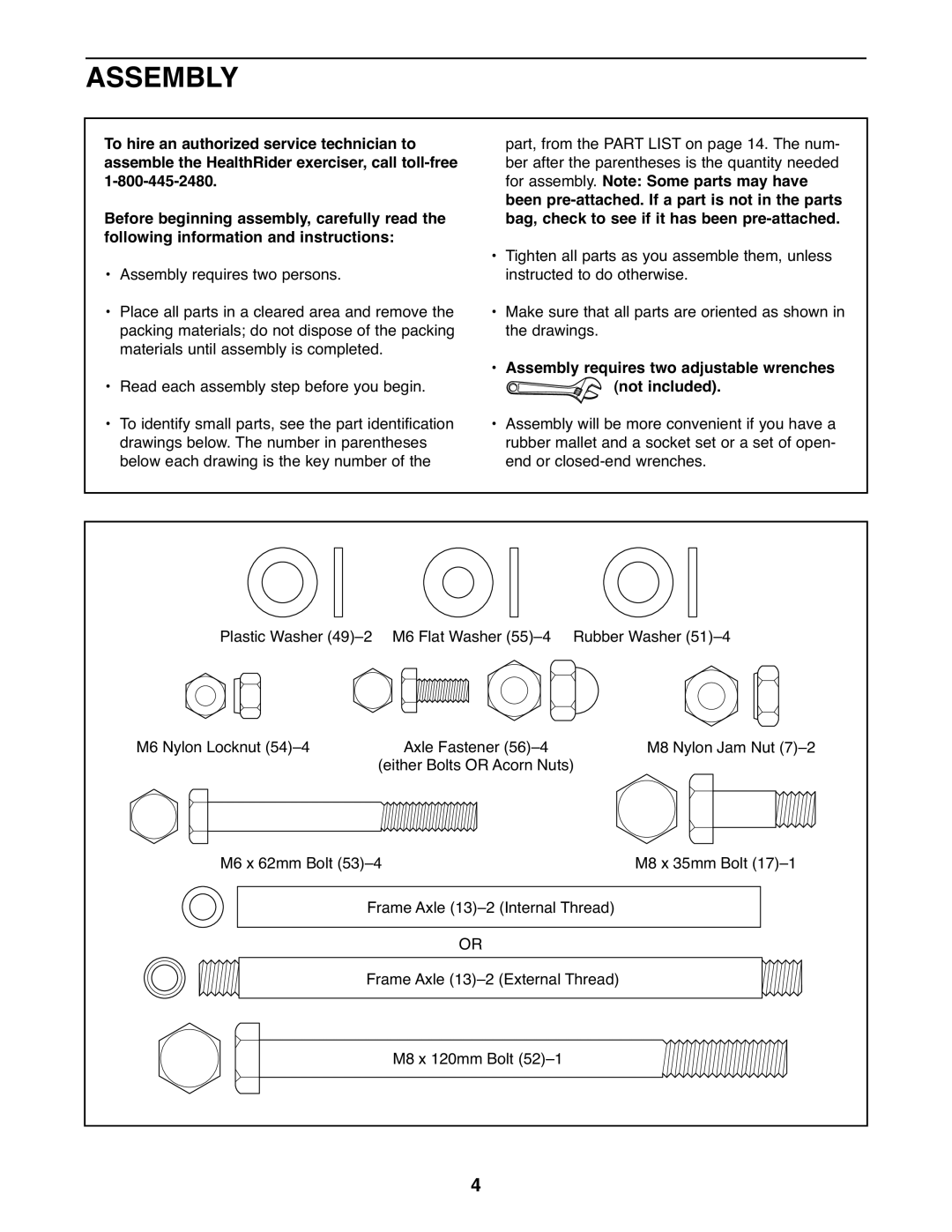 Healthrider HRCR9155.0 manual Assembly requires two adjustable wrenches Not included 