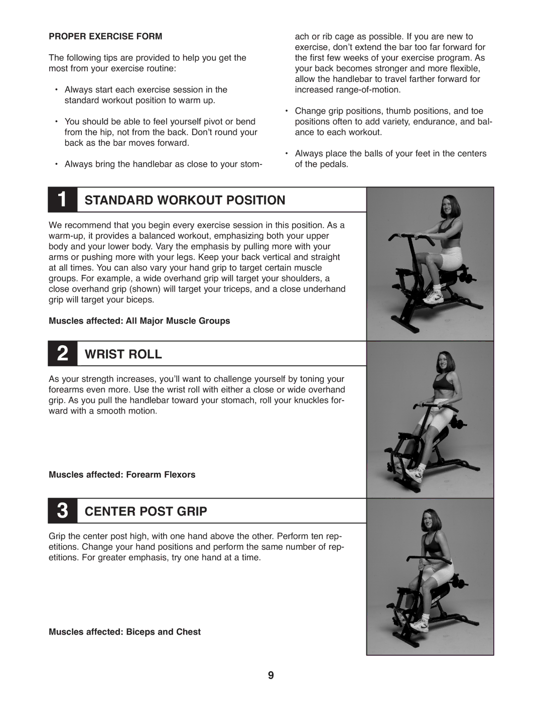 Healthrider HRCR9155.0 Proper Exercise Form, Muscles affected All Major Muscle Groups, Muscles affected Forearm Flexors 