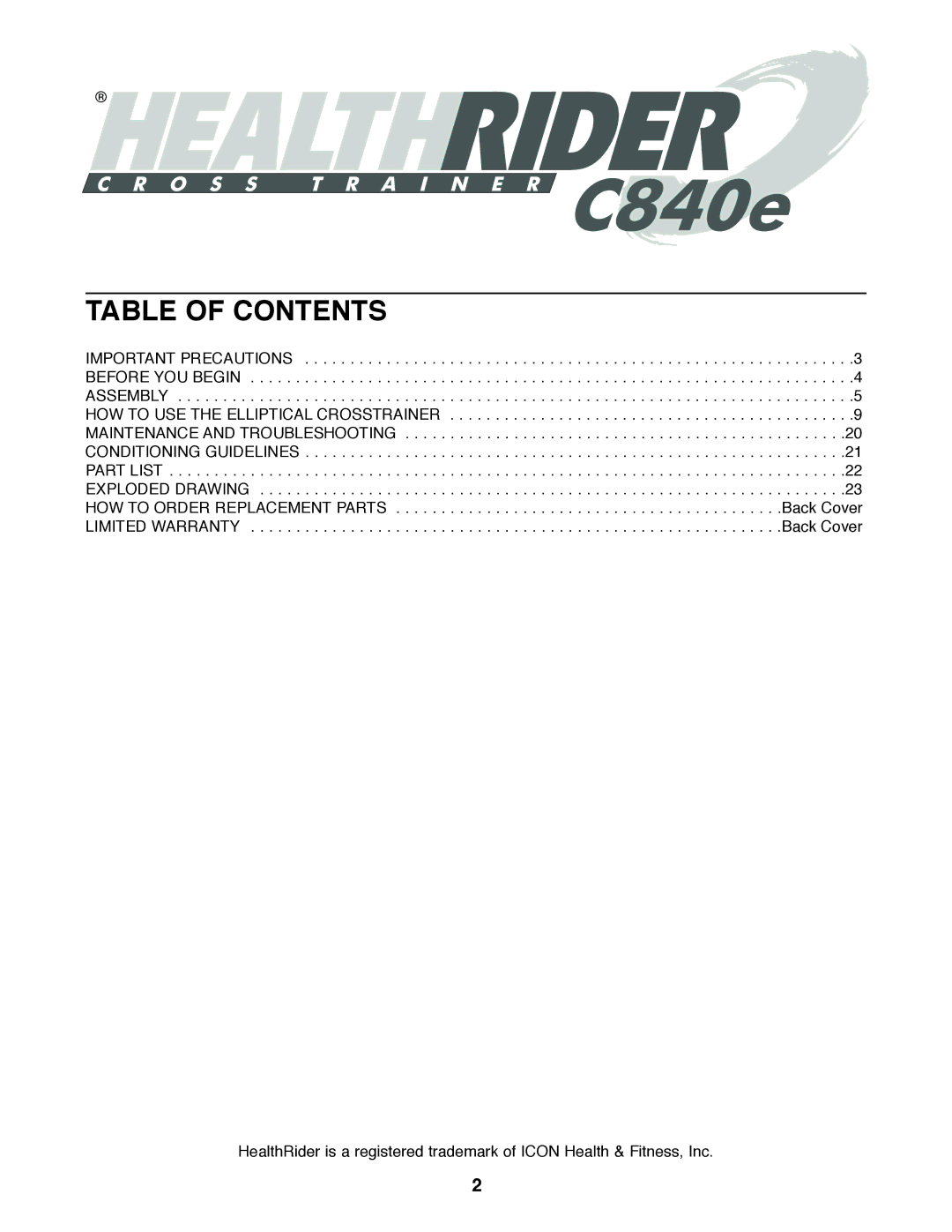 Healthrider HRE59020 manual Table of Contents 