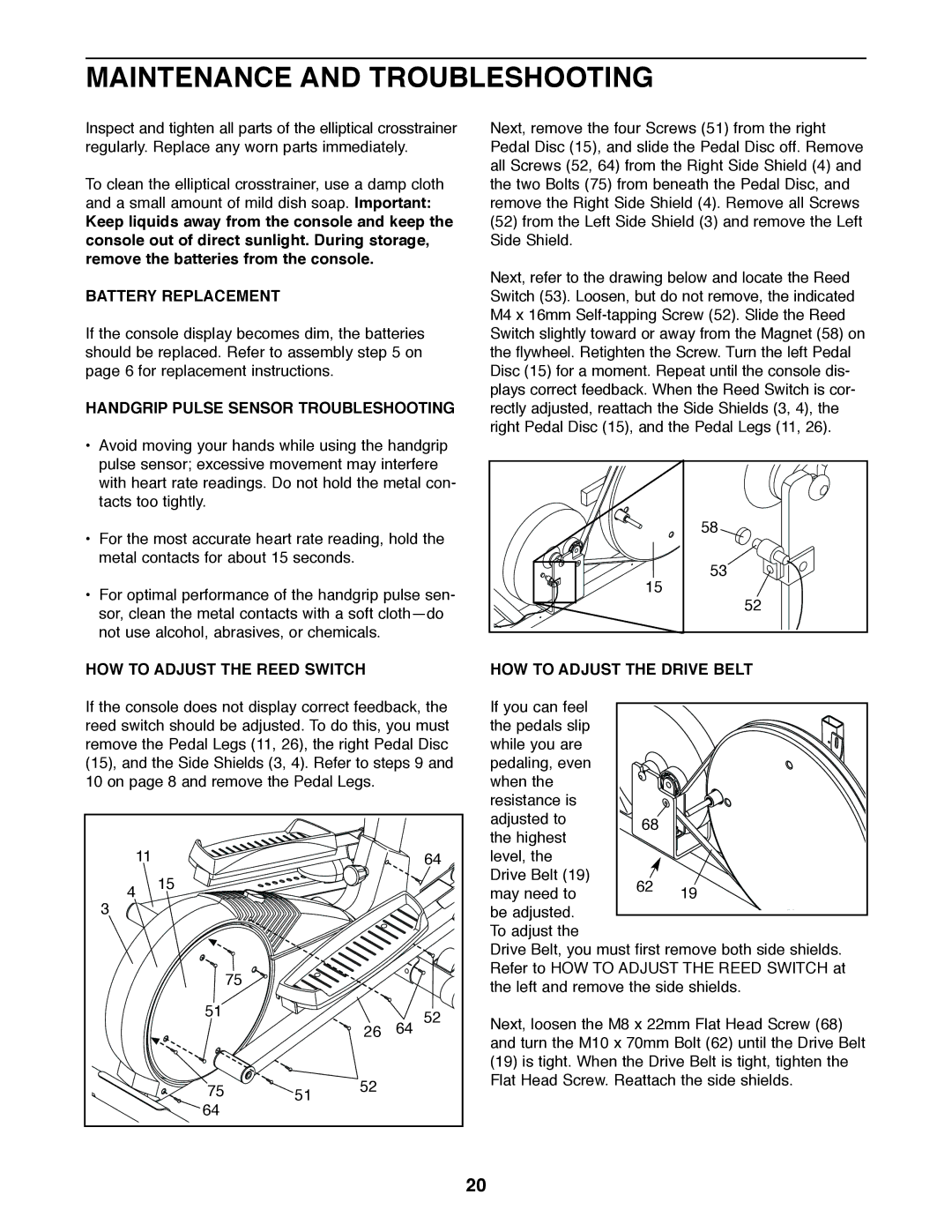 Healthrider HRE59020 manual Maintenance and Troubleshooting, Battery Replacement, Handgrip Pulse Sensor Troubleshooting 