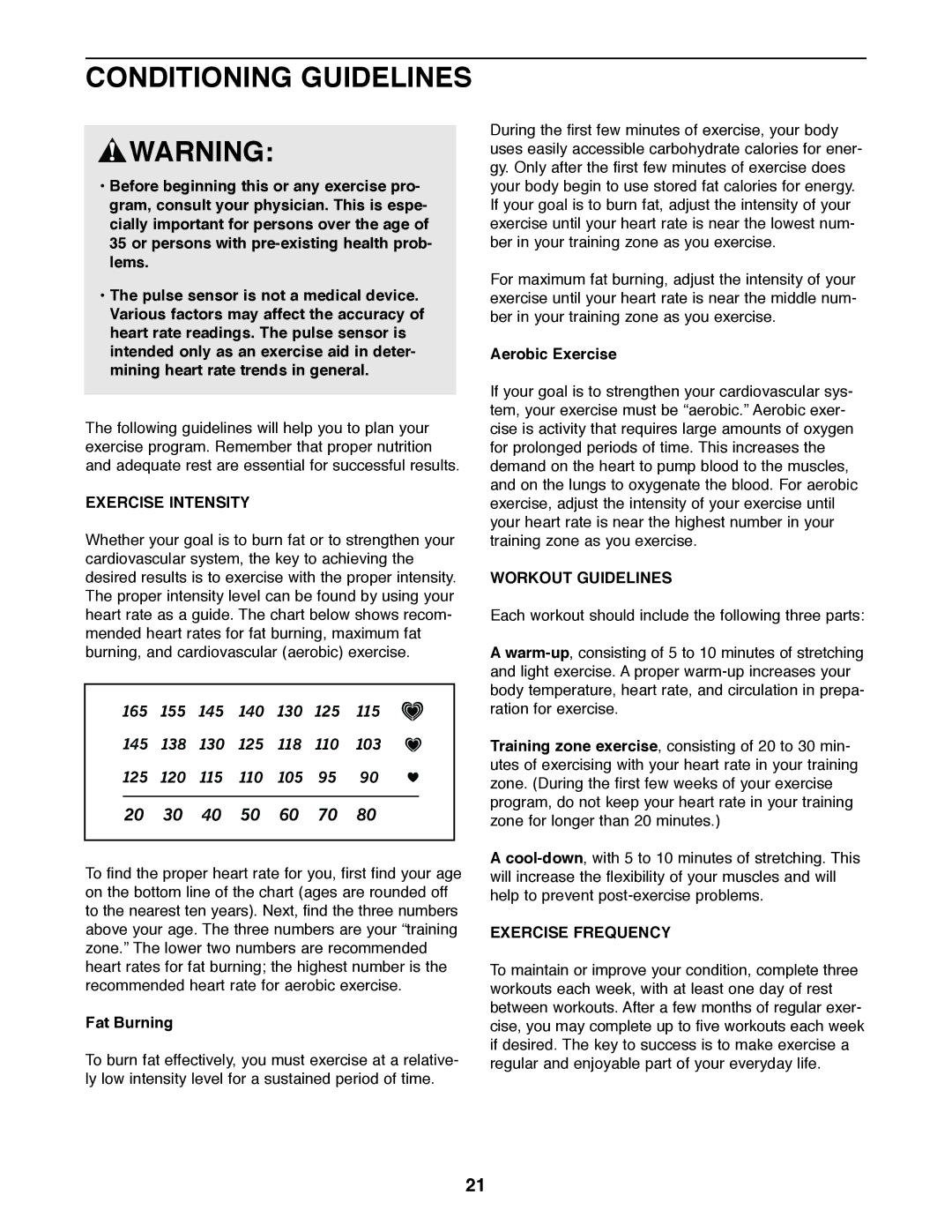 Healthrider HRE59020 manual Conditioning Guidelines, Exercise Intensity, Workout Guidelines, Exercise Frequency 