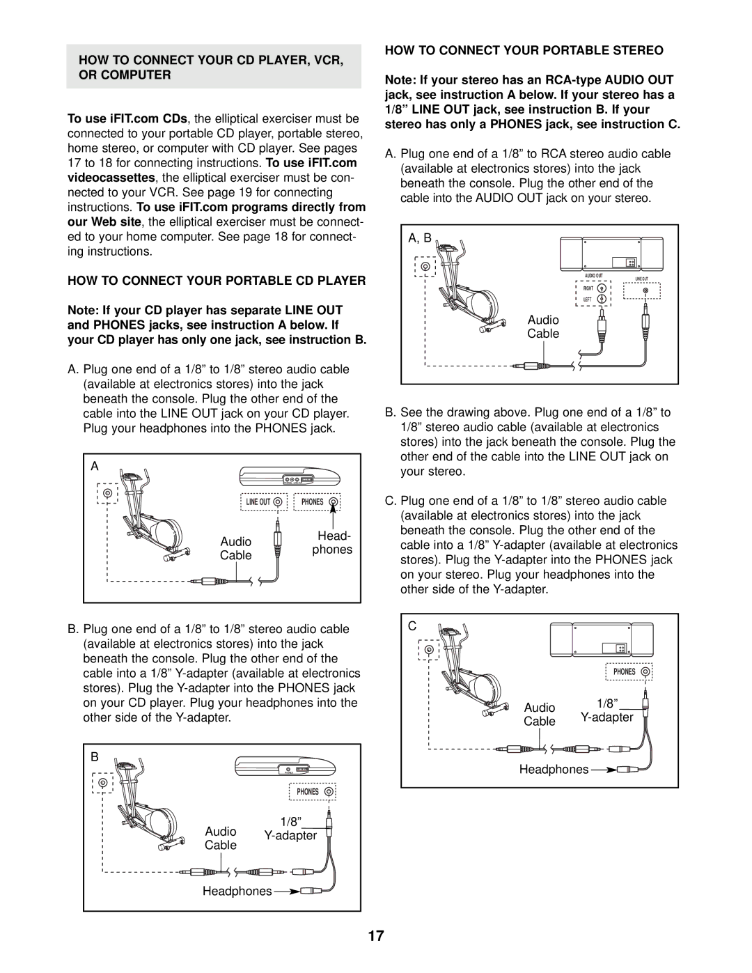 Healthrider HRE69940 manual HOW to Connect Your Portable Stereo, Audio Cable 