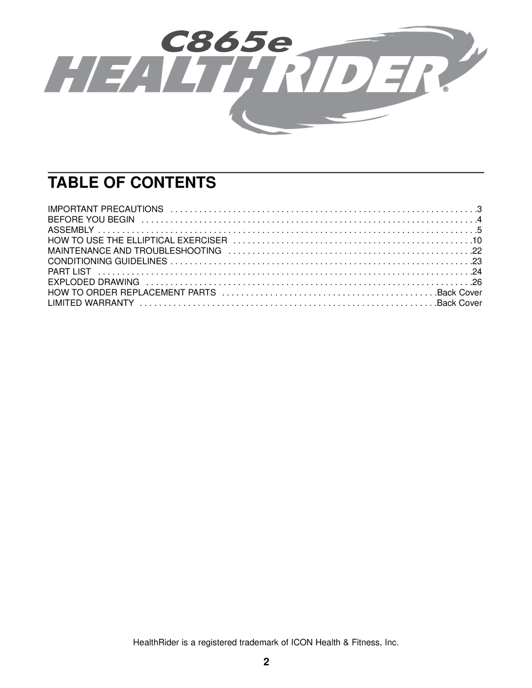 Healthrider HRE69940 manual Table of Contents 