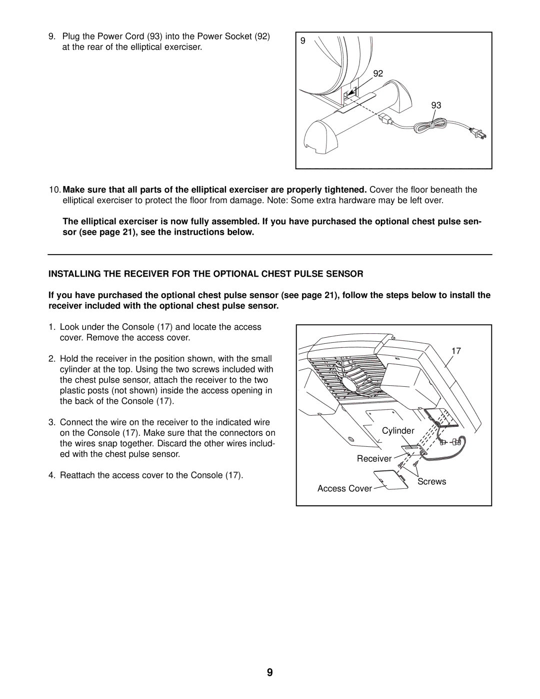 Healthrider HRE69940 manual Installing the Receiver for the Optional Chest Pulse Sensor 