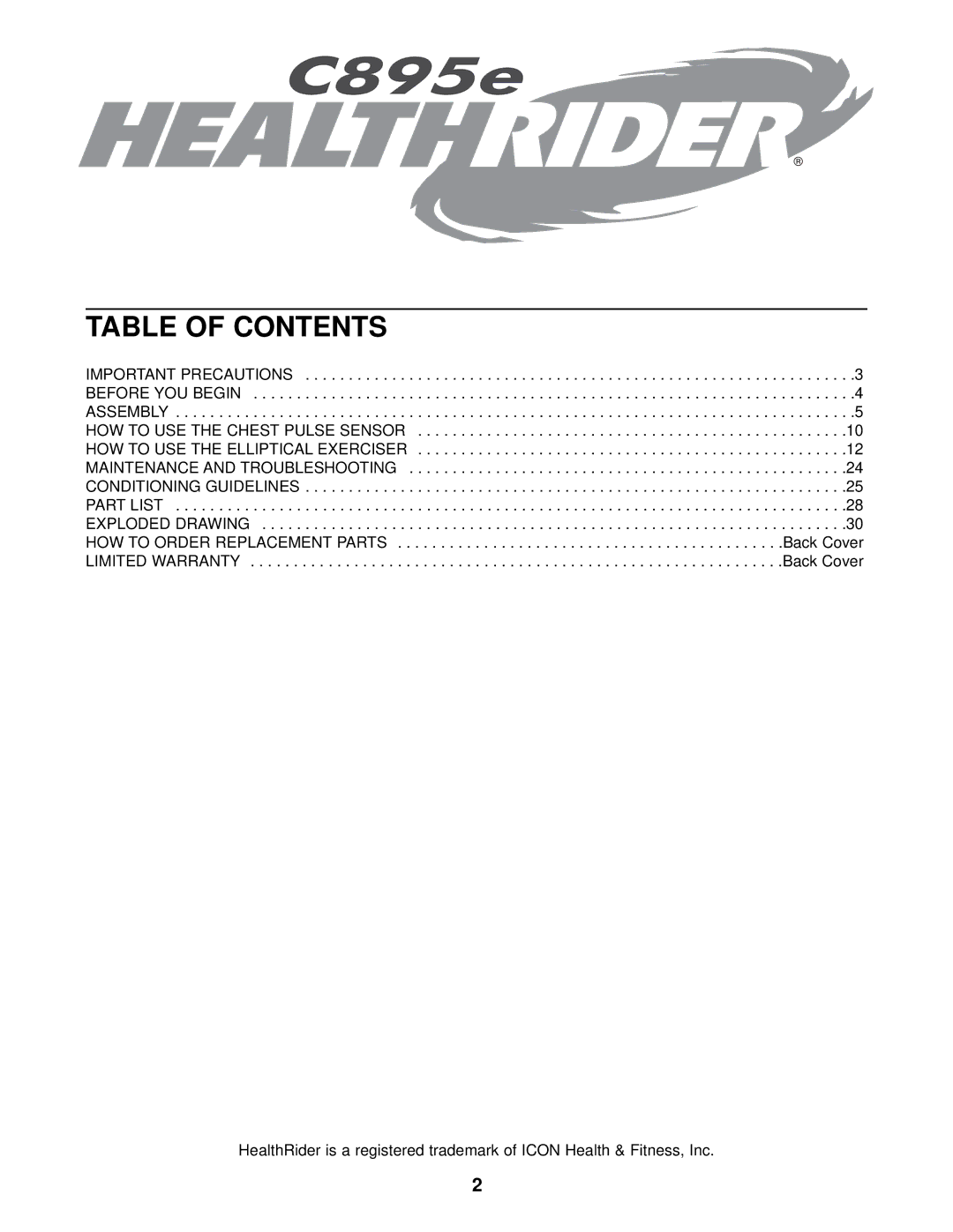 Healthrider HRE99940 manual Table of Contents 