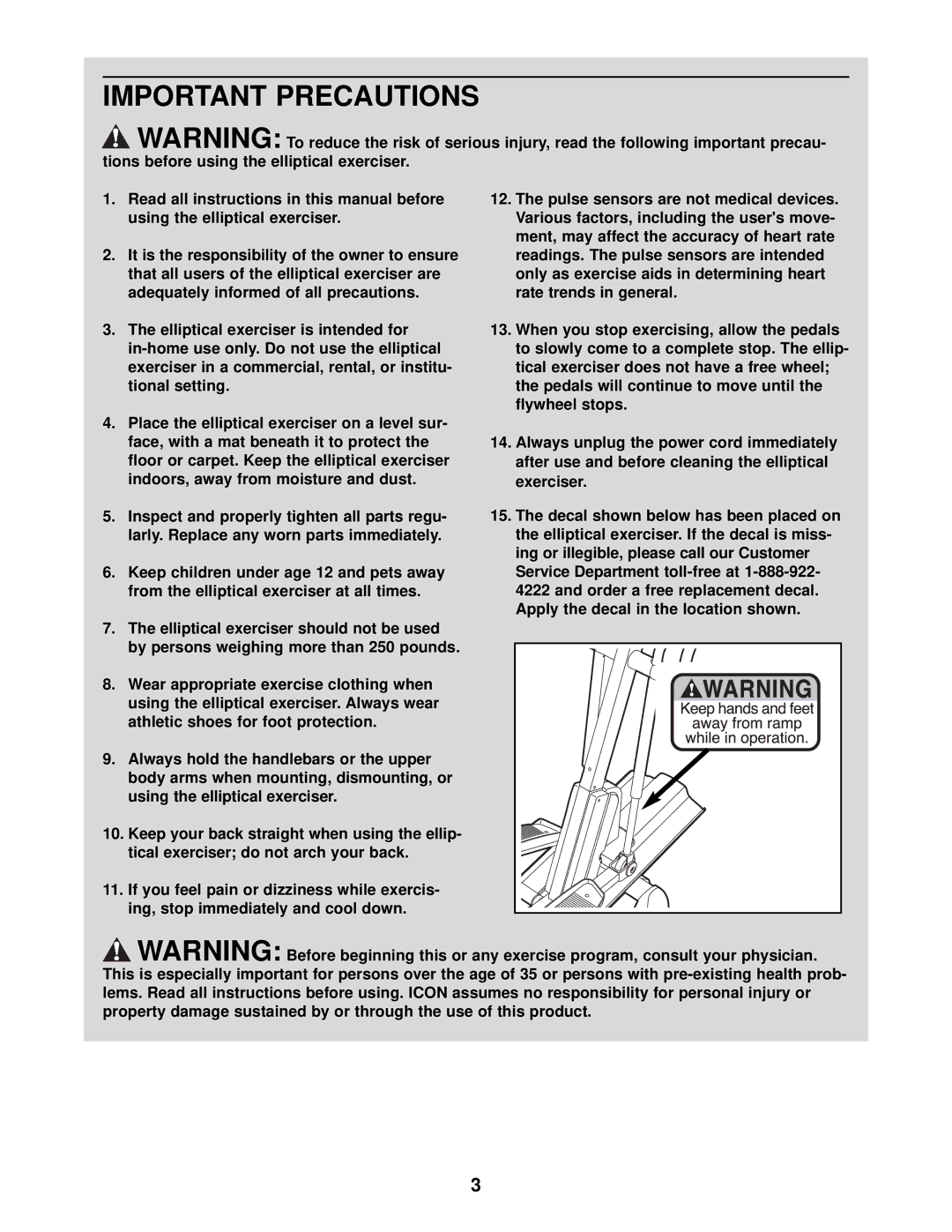 Healthrider HRE99940 manual Important Precautions 