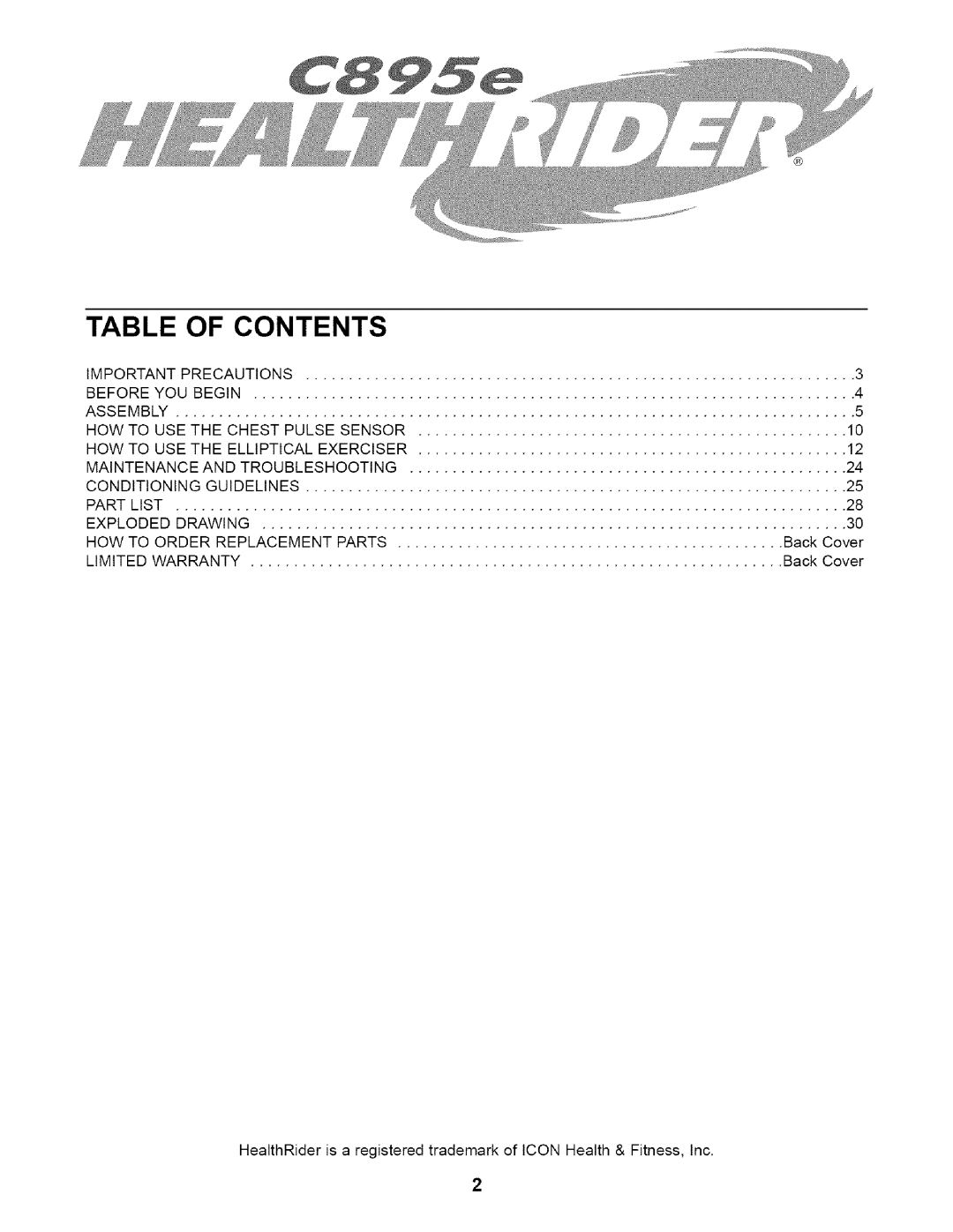 Healthrider HRE99940 manual Table of Contents 