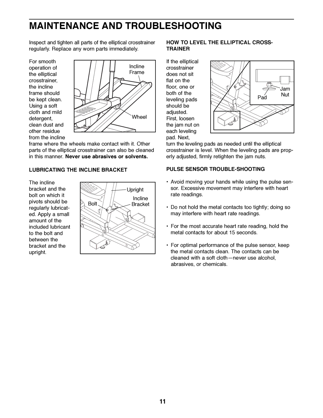 Healthrider HREL05980 manual Maintenance and Troubleshooting, Pulse Sensor TROUBLE-SHOOTING 