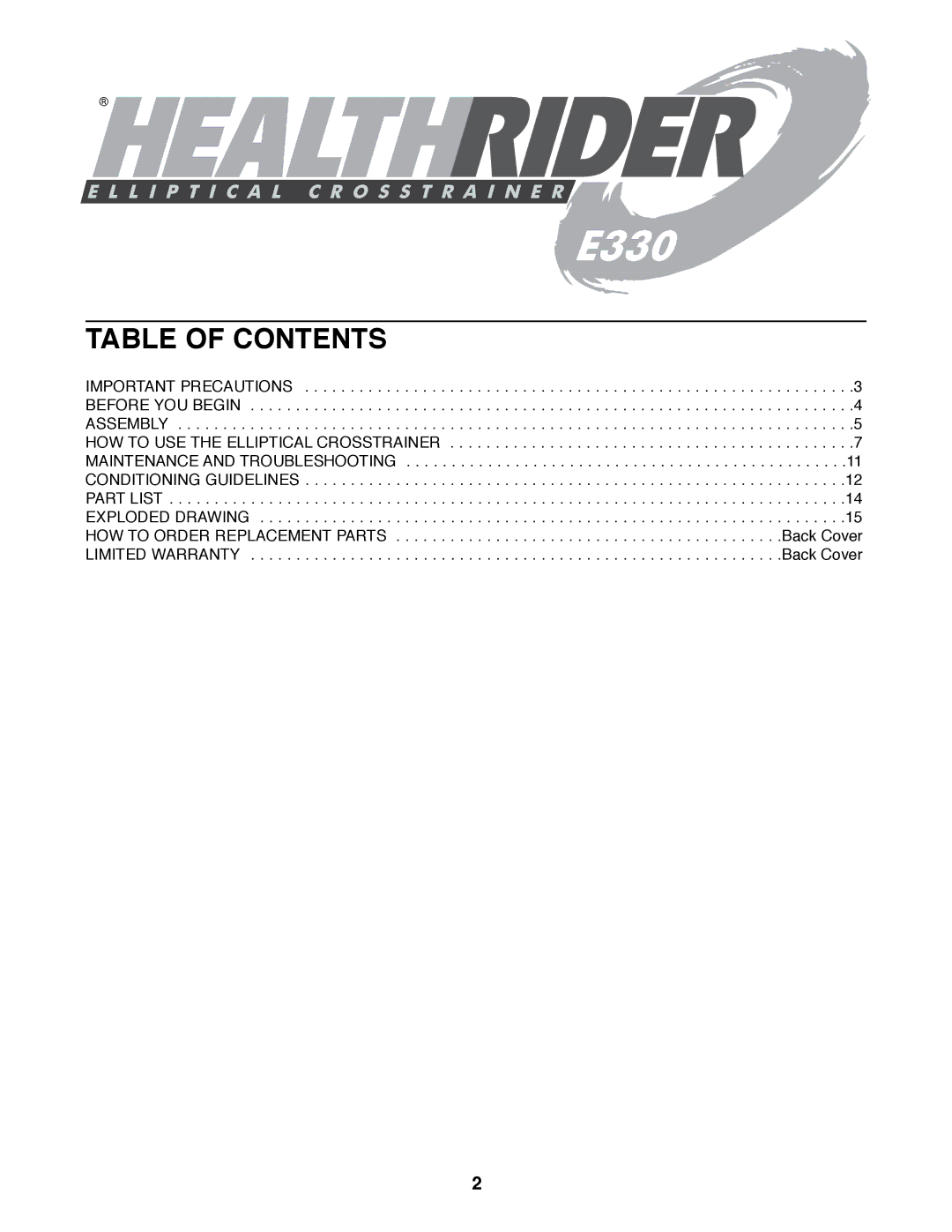 Healthrider HREL05980 manual Table of Contents 