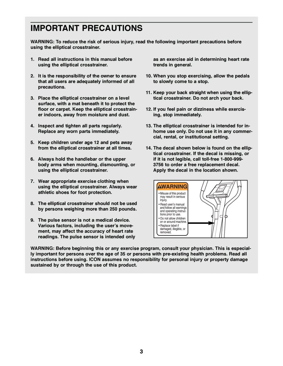 Healthrider HREL05980 manual Important Precautions 