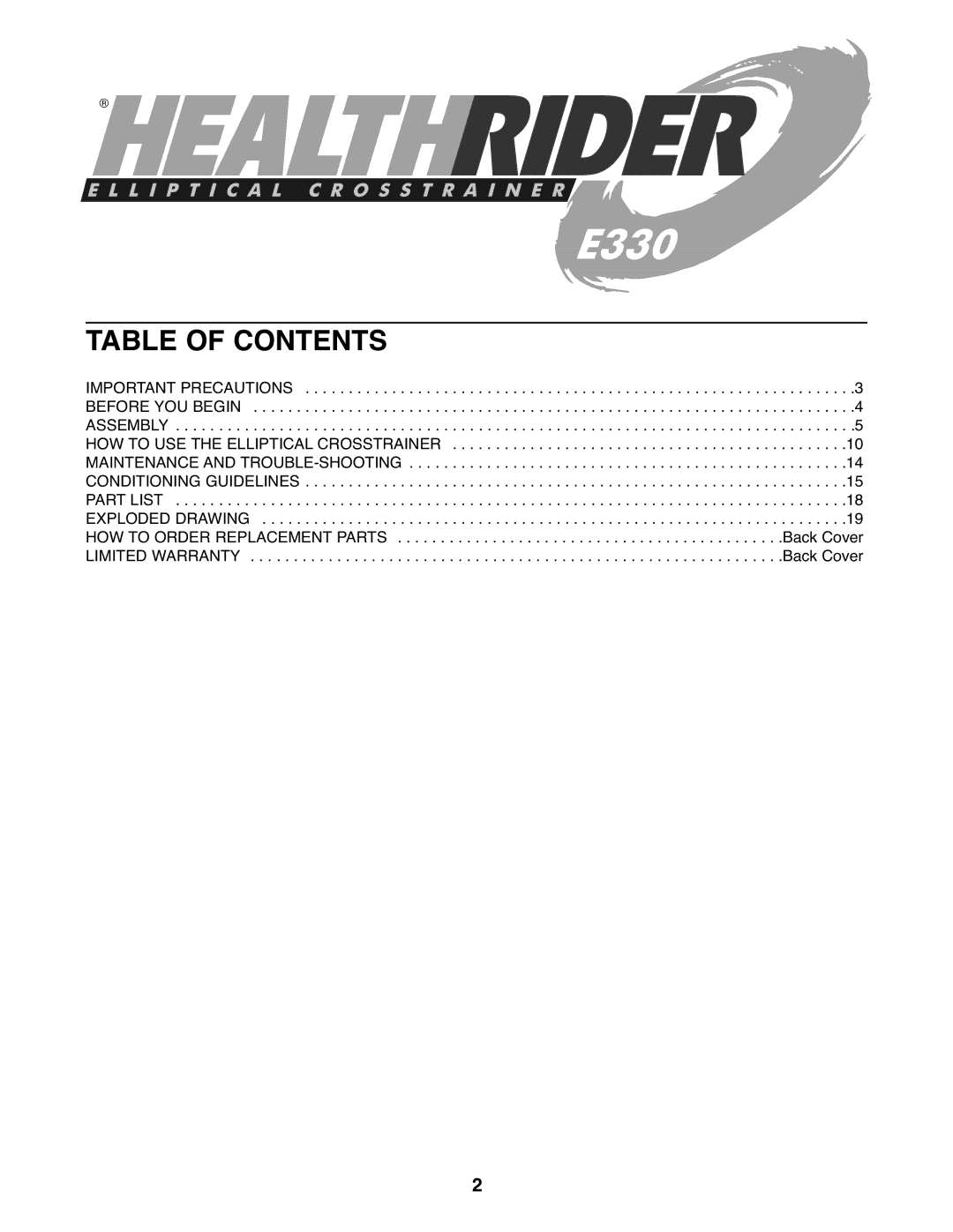 Healthrider HREL05983 manual Table of Contents 