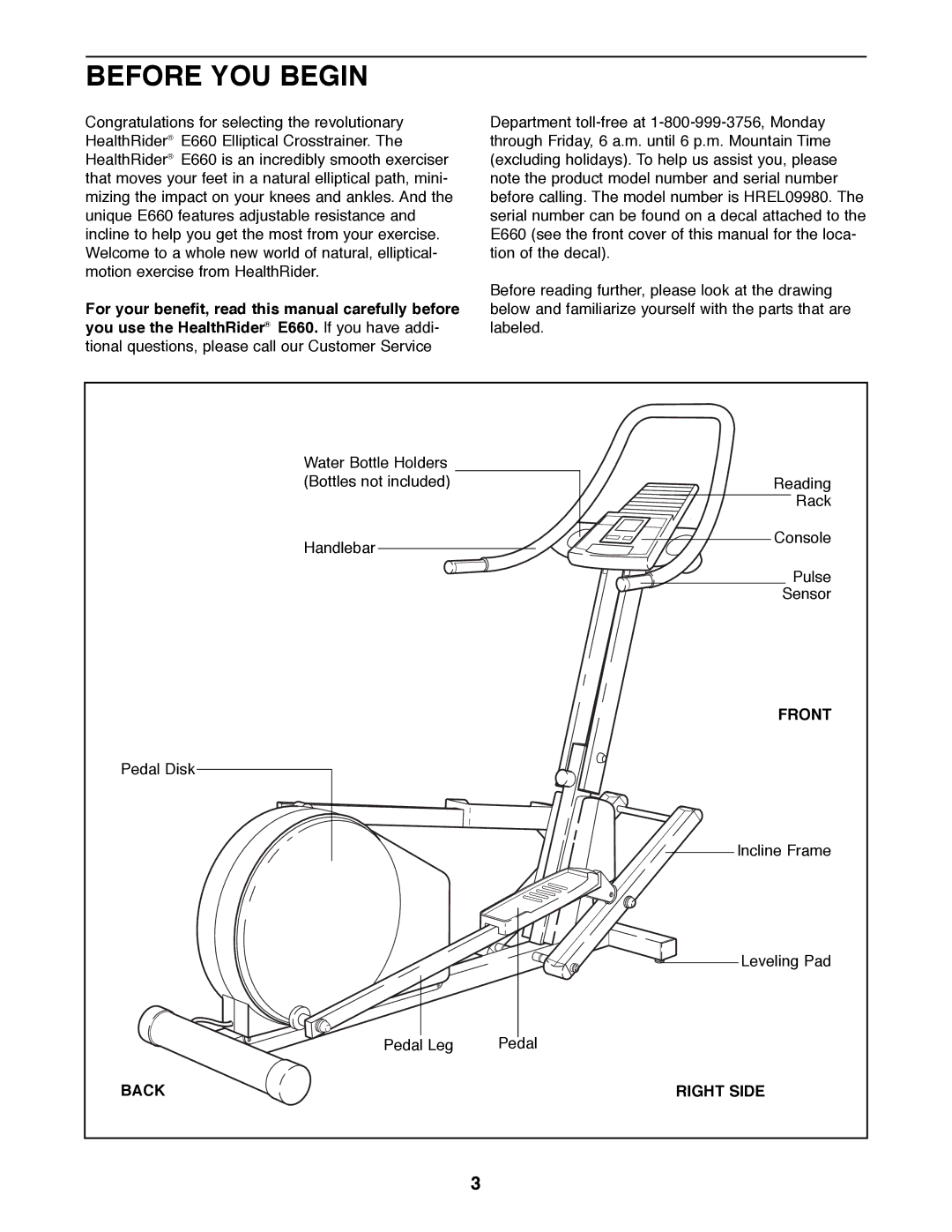 Healthrider HREL09980 manual Before YOU Begin, Front, Back Right Side 