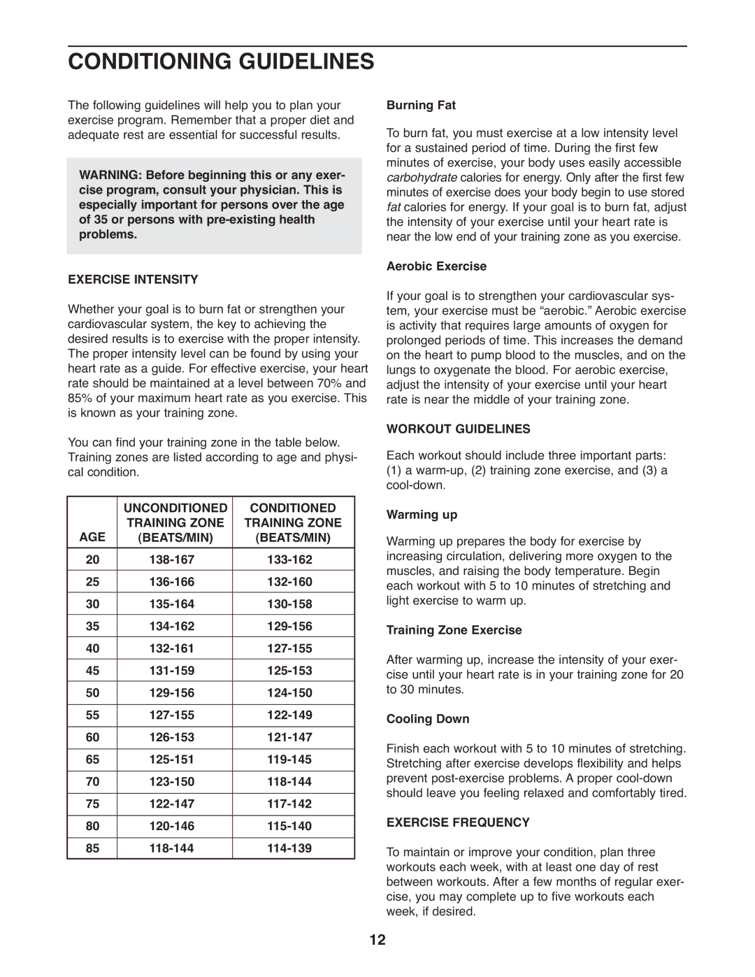 Healthrider HREL09982 Conditioning Guidelines, Exercise Intensity, Unconditioned Conditioned AGE Training Zone BEATS/MIN 