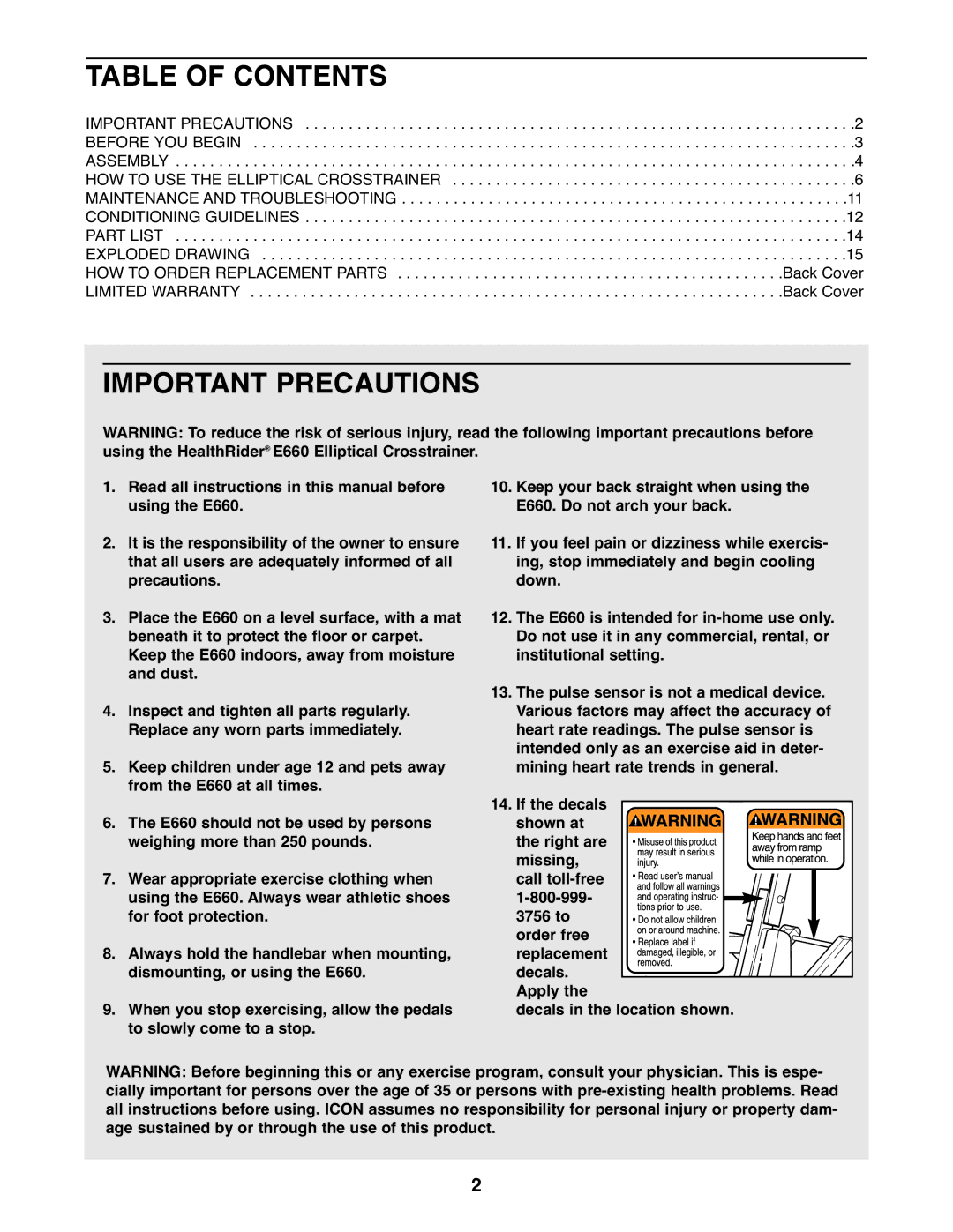 Healthrider HREL09982 manual Table of Contents, Important Precautions 