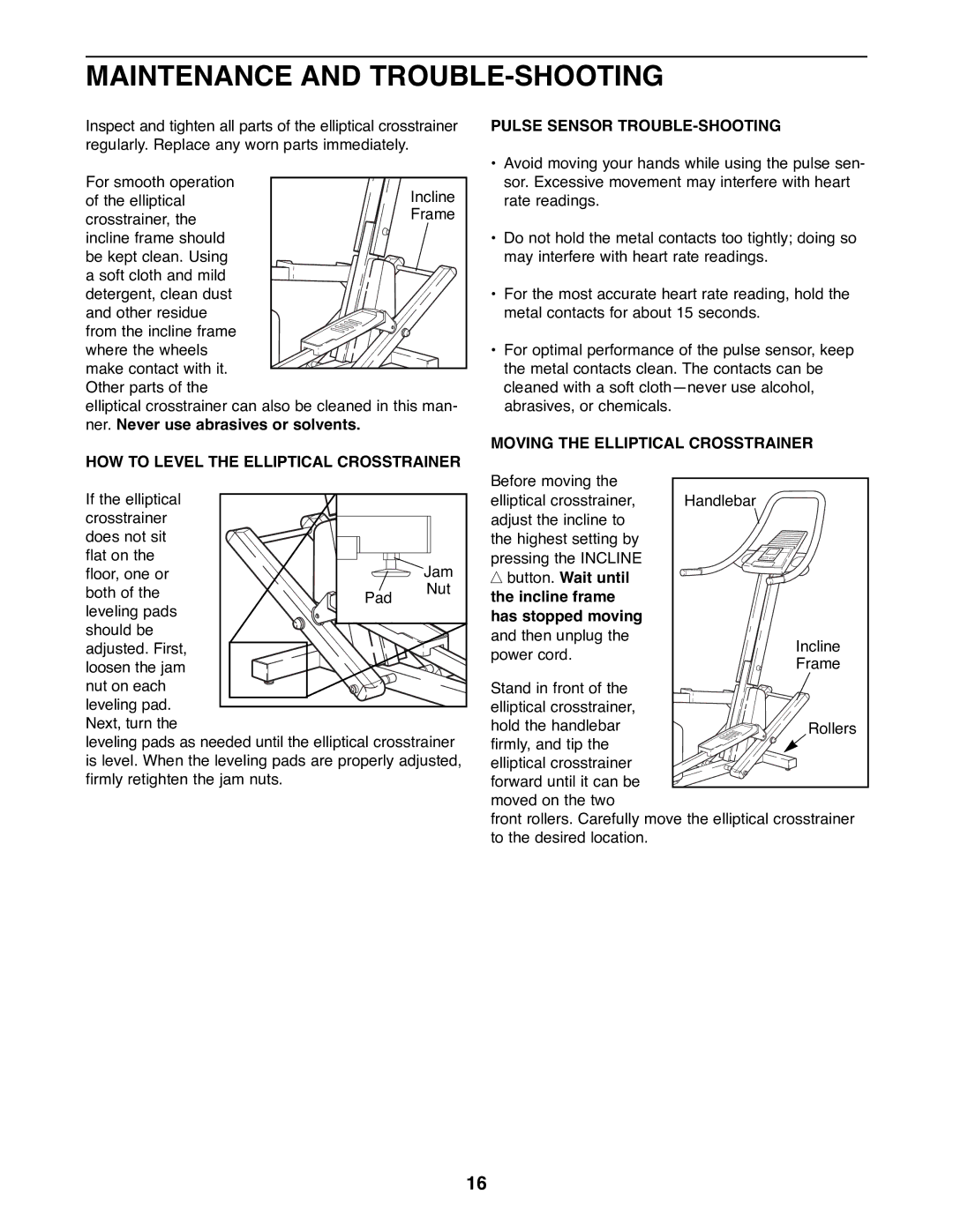 Healthrider HREL11900 manual Maintenance and TROUBLE-SHOOTING, HOW to Level the Elliptical Crosstrainer 