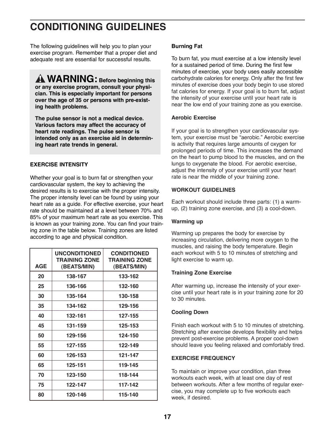 Healthrider HREL11900 Conditioning Guidelines, Exercise Intensity, Unconditioned Conditioned Training Zone AGE BEATS/MIN 