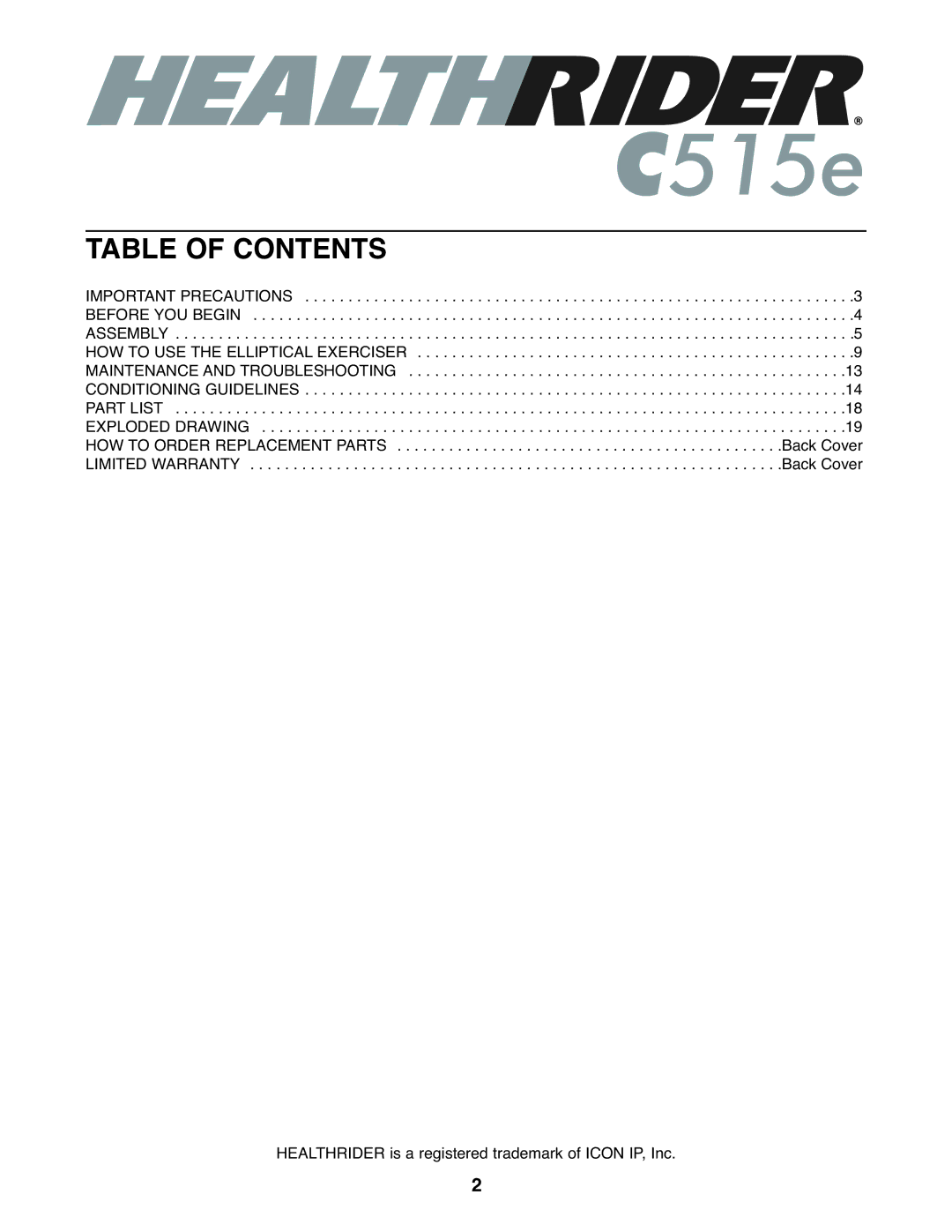 Healthrider HREL3006.0 manual Table of Contents 