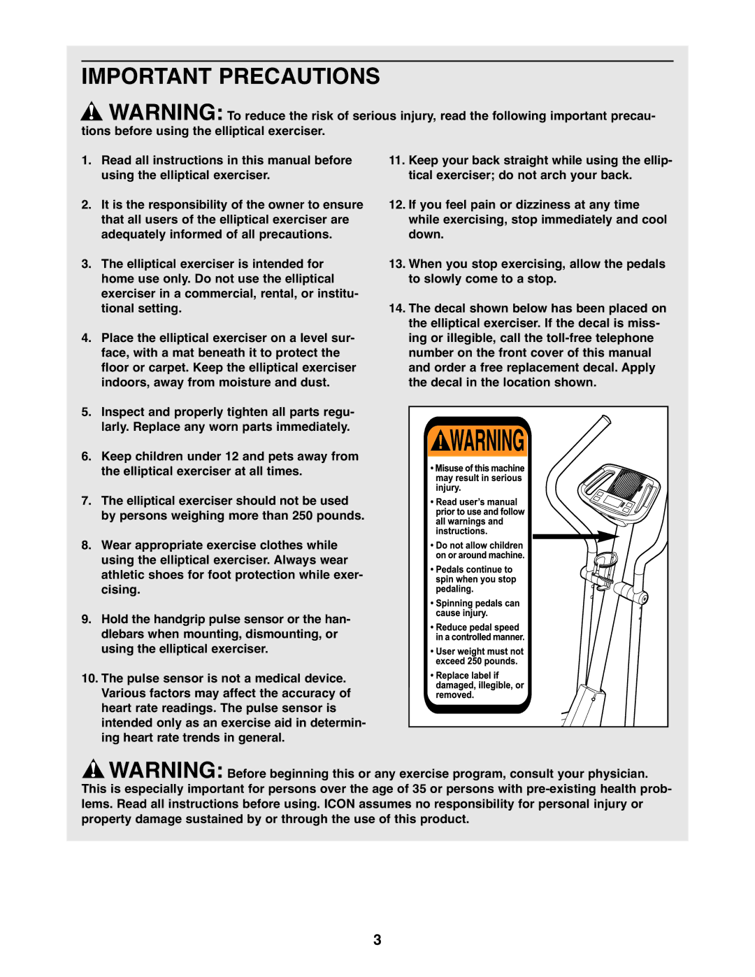 Healthrider HREL3006.0 manual Important Precautions 