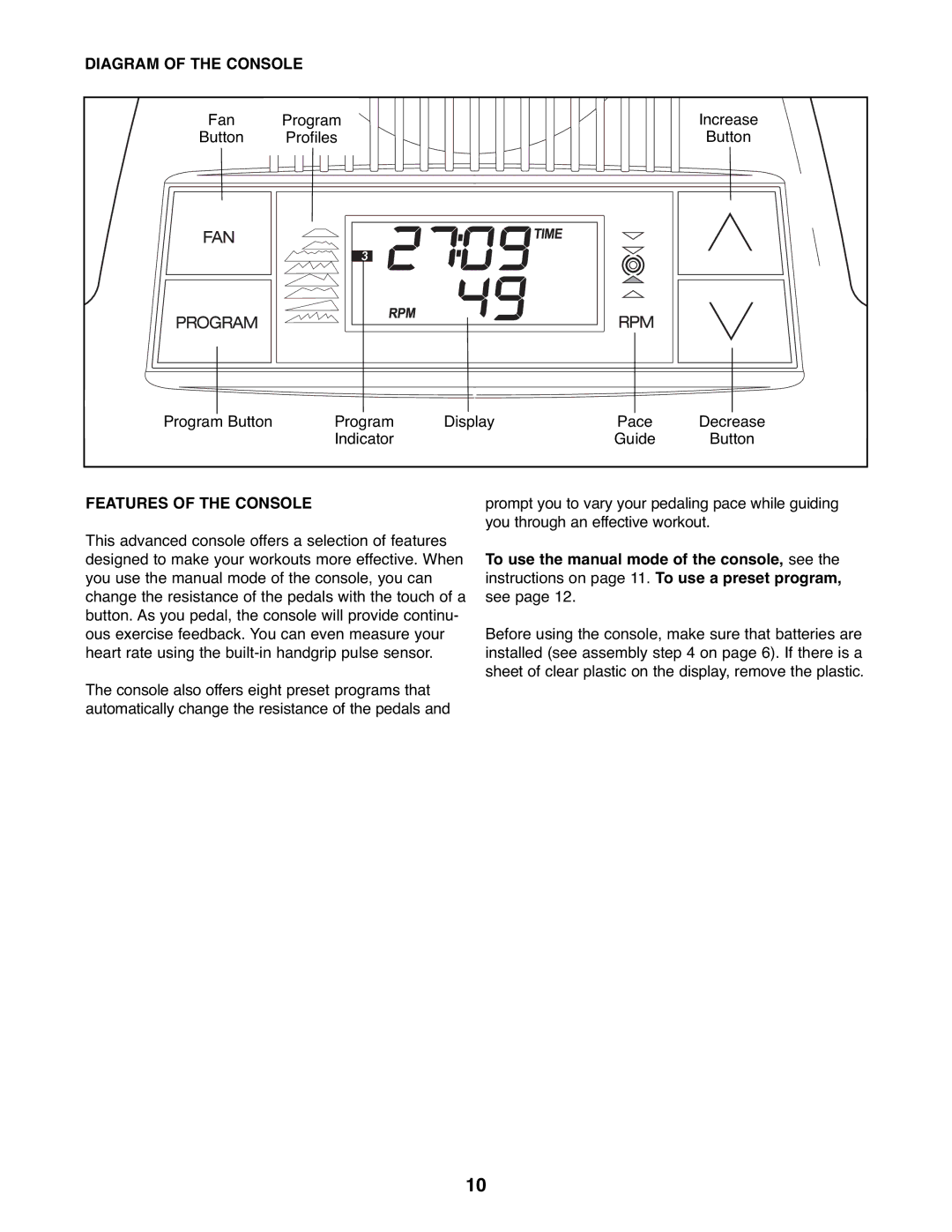 Healthrider HREL3006.1 manual Diagram of the Console, Features of the Console 