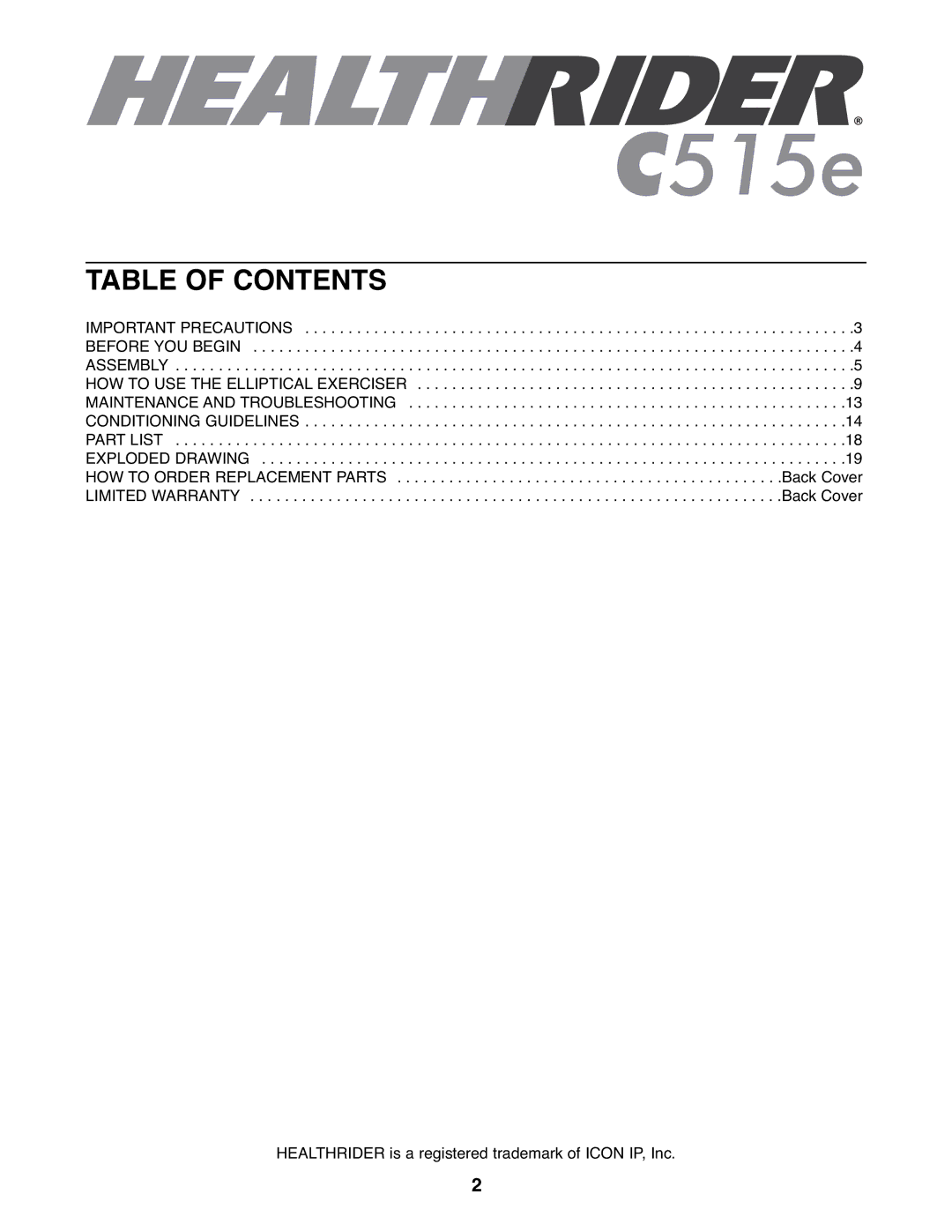 Healthrider HREL3006.1 manual Table of Contents 