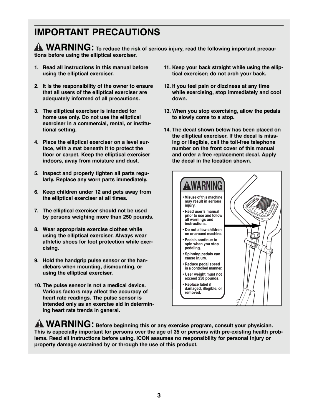 Healthrider HREL3006.1 manual Important Precautions 