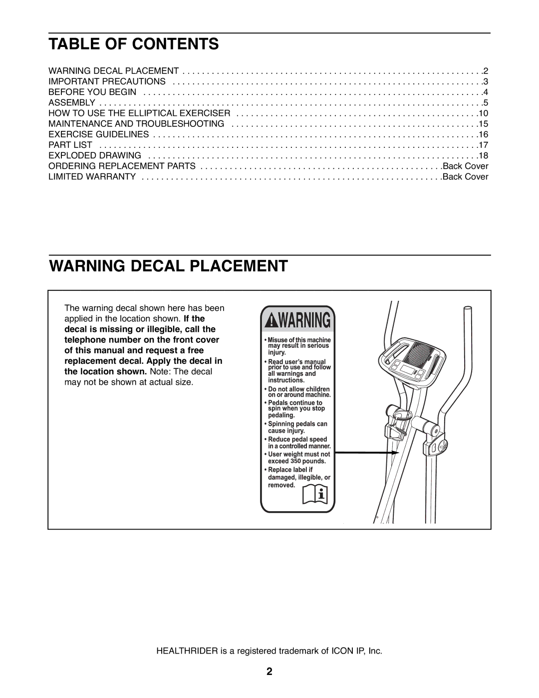 Healthrider HREL3226.0 manual Table of Contents 