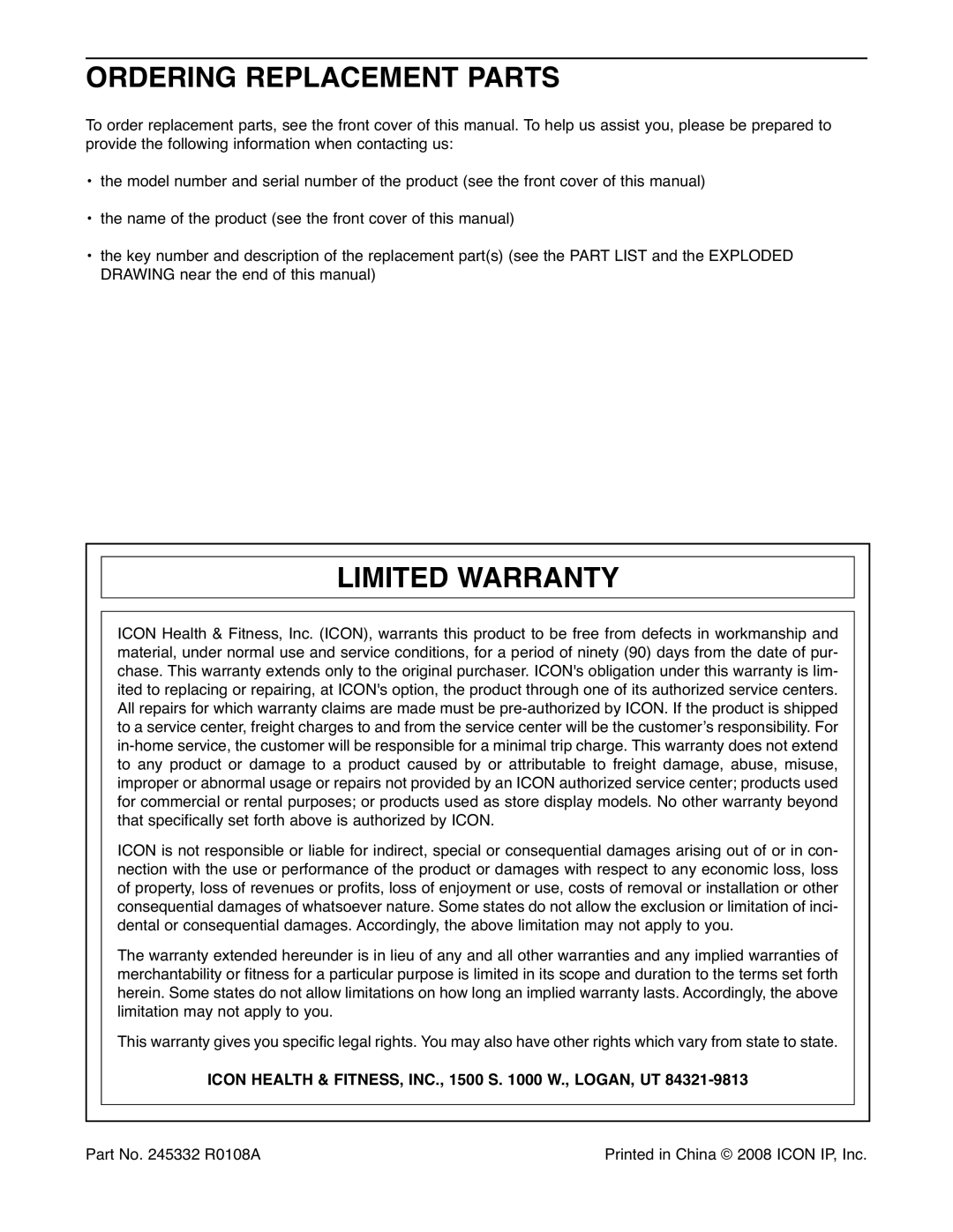 Healthrider HREL3226.0 Ordering Replacement Parts, Limited Warranty, Icon Health & FITNESS, INC., 1500 S W., LOGAN, UT 