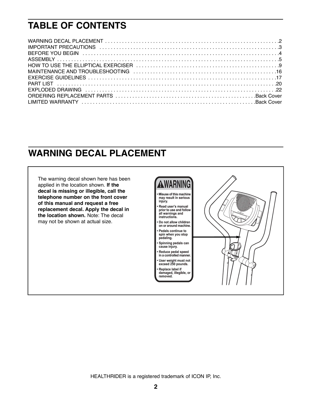 Healthrider HREL32907.0 manual Table of Contents 