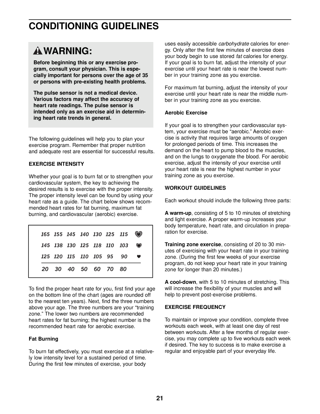 Healthrider HREL49010 manual Conditioning Guidelines, Exercise Intensity, Workout Guidelines, Exercise Frequency 